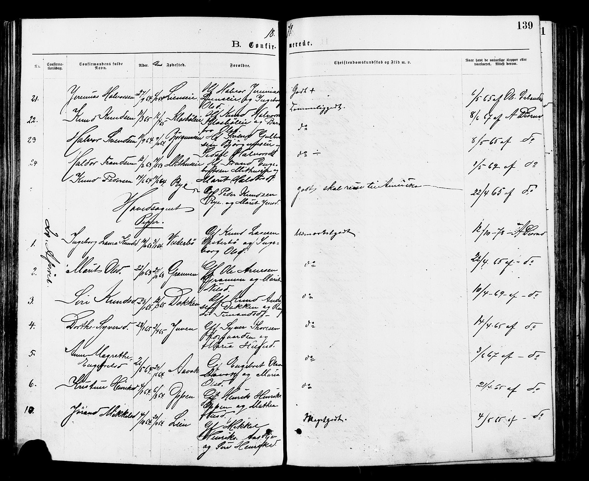 Nord-Aurdal prestekontor, AV/SAH-PREST-132/H/Ha/Haa/L0009: Parish register (official) no. 9, 1876-1882, p. 139