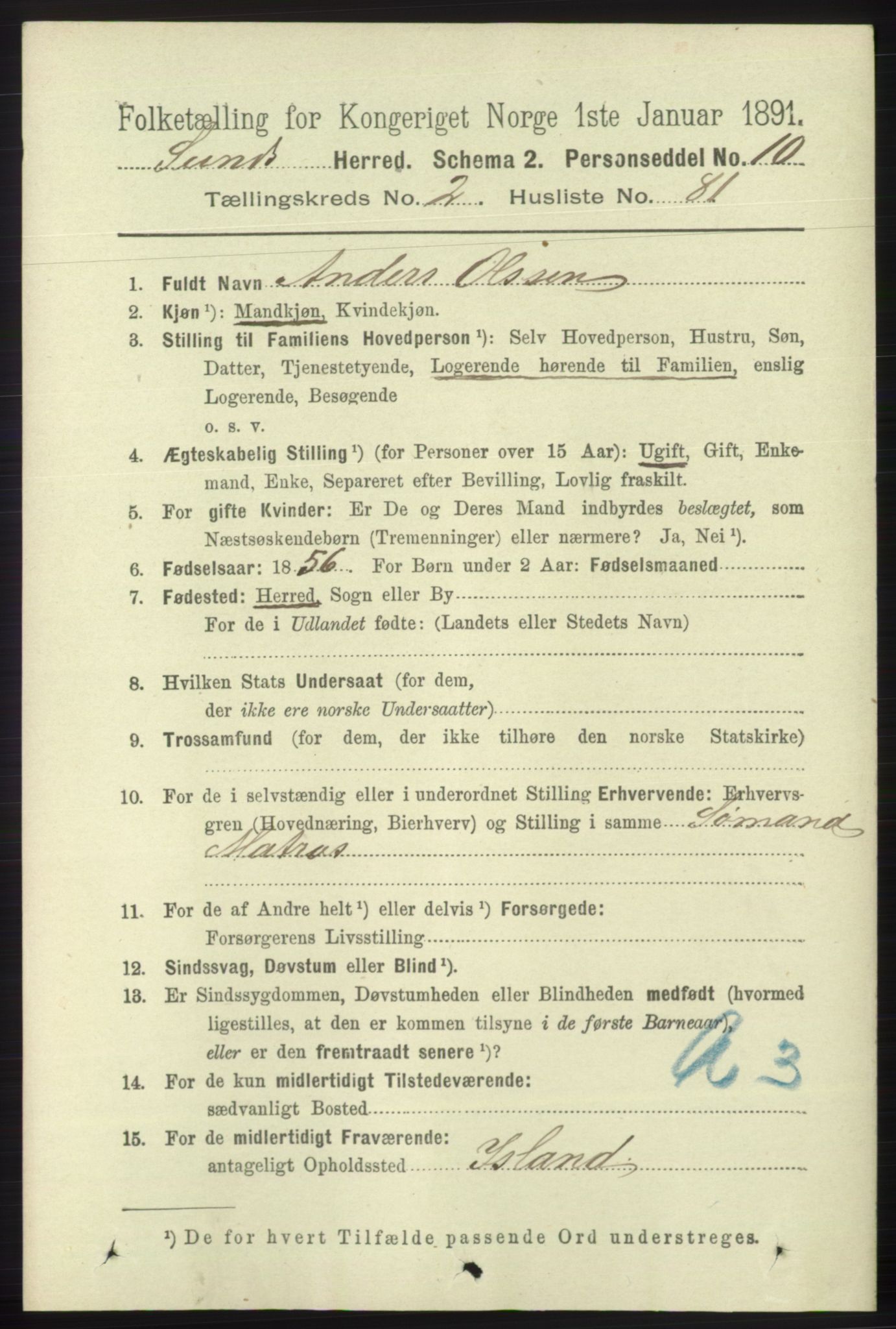 RA, 1891 census for 1245 Sund, 1891, p. 1118