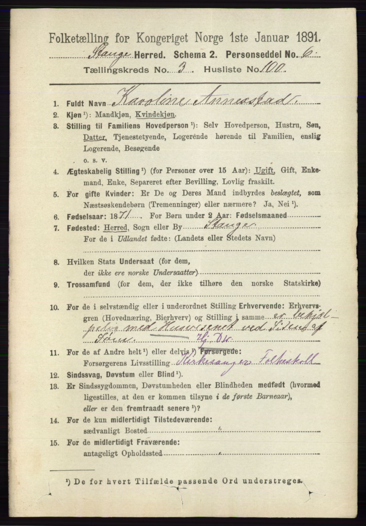 RA, 1891 census for 0417 Stange, 1891, p. 2219