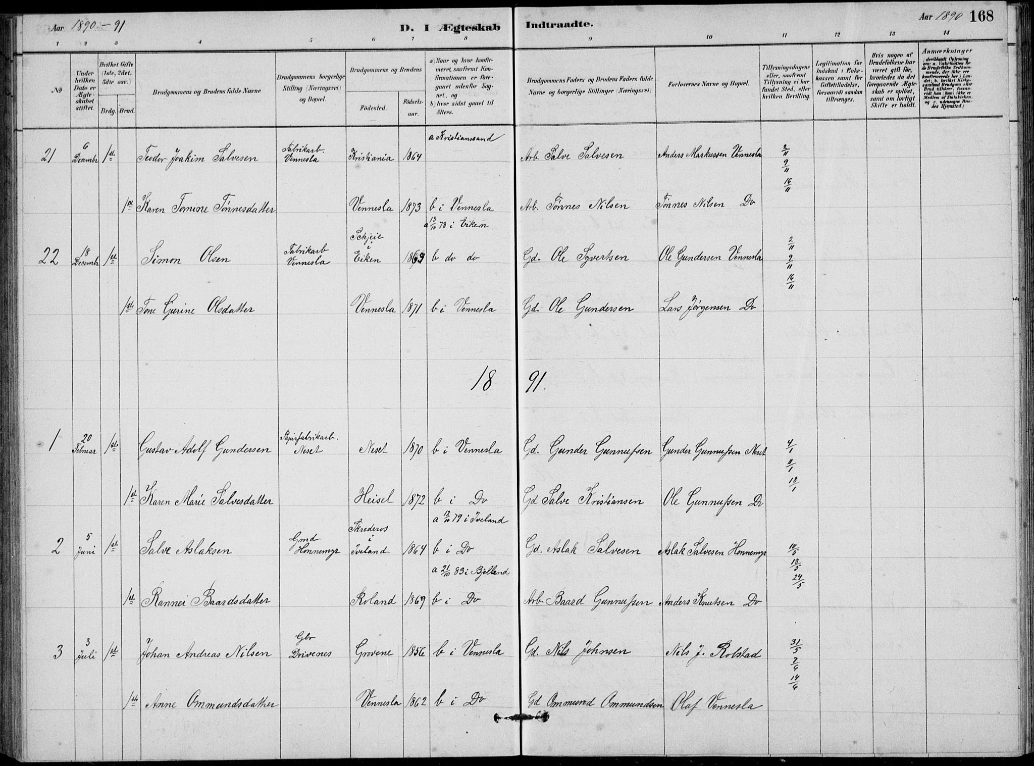 Vennesla sokneprestkontor, AV/SAK-1111-0045/Fb/Fbb/L0003: Parish register (copy) no. B 3, 1879-1893, p. 168