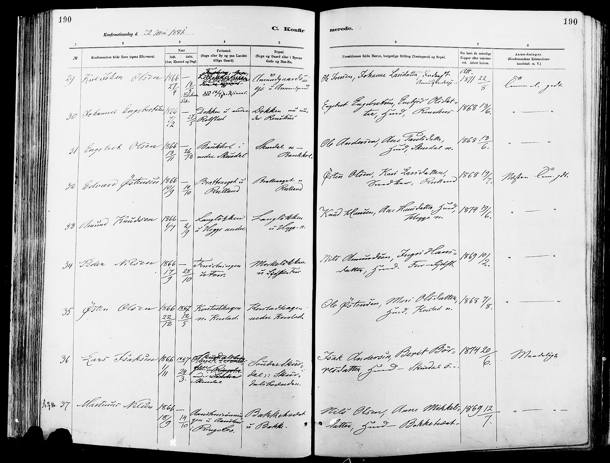 Sør-Fron prestekontor, AV/SAH-PREST-010/H/Ha/Haa/L0003: Parish register (official) no. 3, 1881-1897, p. 190