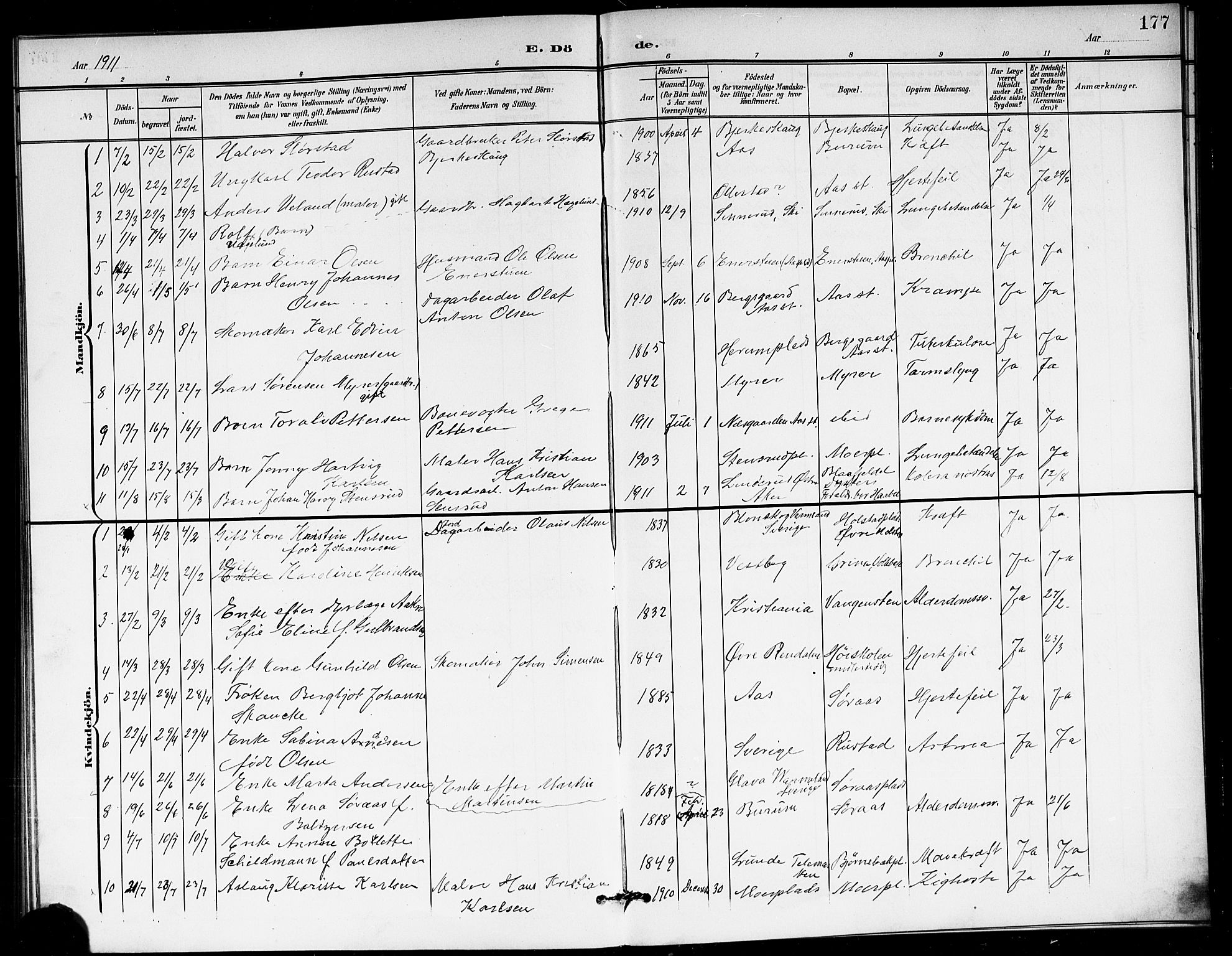 Ås prestekontor Kirkebøker, AV/SAO-A-10894/G/Ga/L0004: Parish register (copy) no. I 4, 1901-1915, p. 177