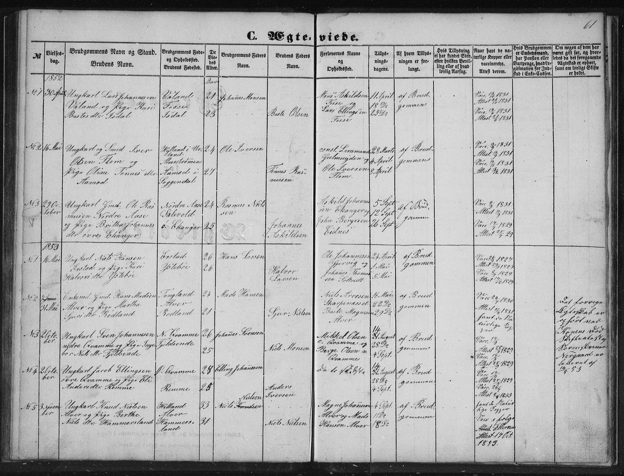 Alversund Sokneprestembete, SAB/A-73901/H/Ha/Hab: Parish register (copy) no. A 1, 1852-1864, p. 61