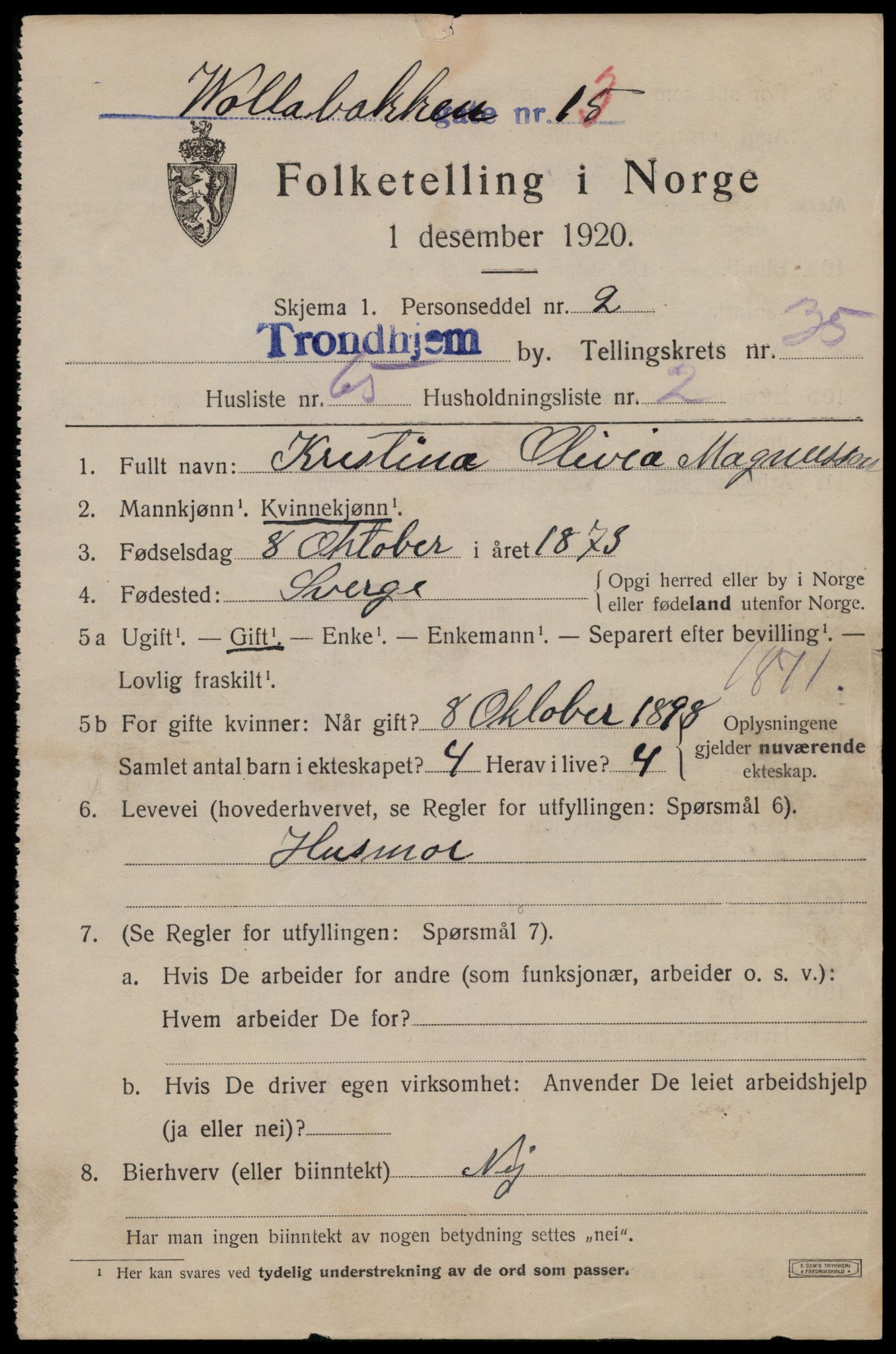 SAT, 1920 census for Trondheim, 1920, p. 82850