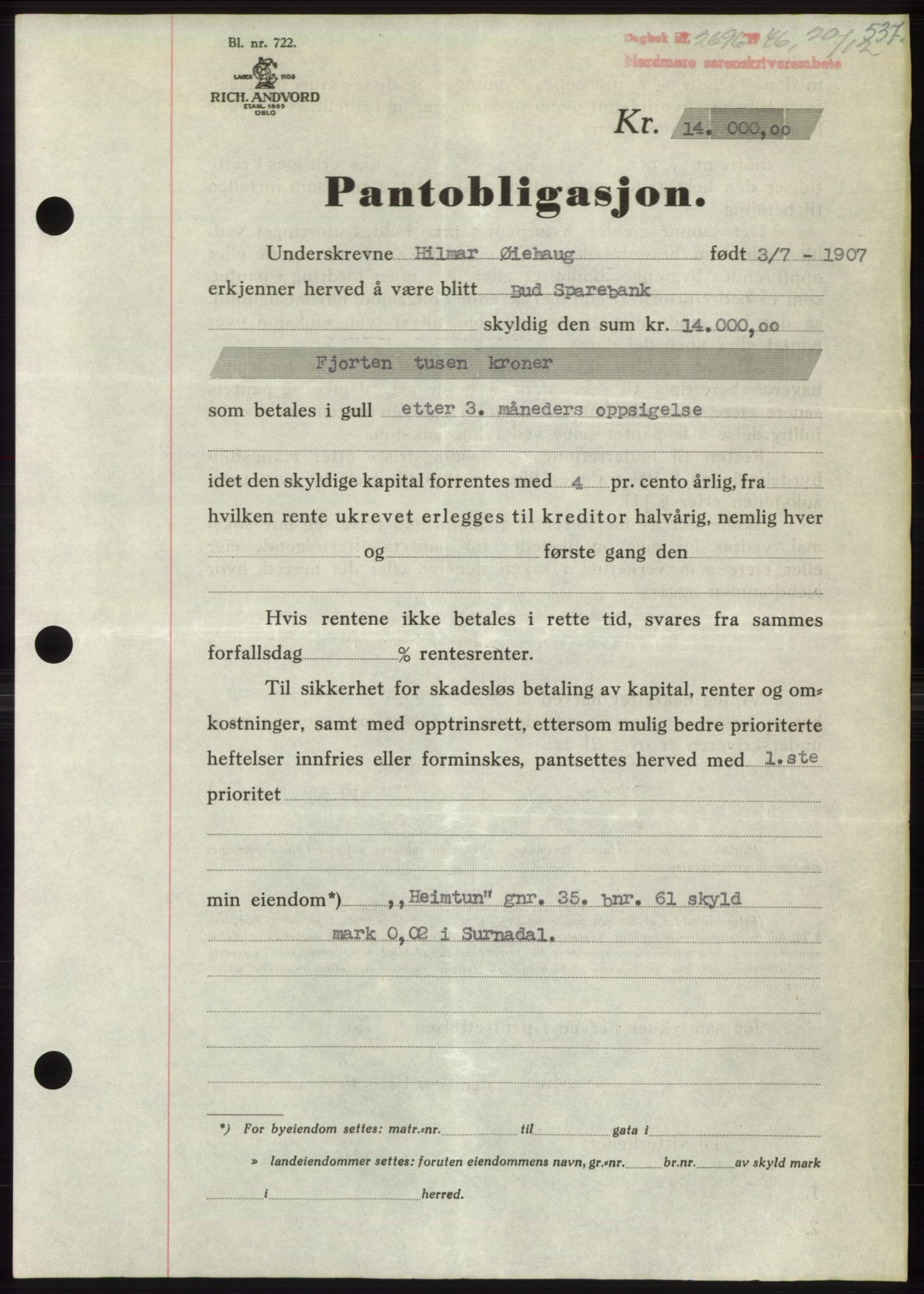 Nordmøre sorenskriveri, AV/SAT-A-4132/1/2/2Ca: Mortgage book no. B95, 1946-1947, Diary no: : 2696/1946