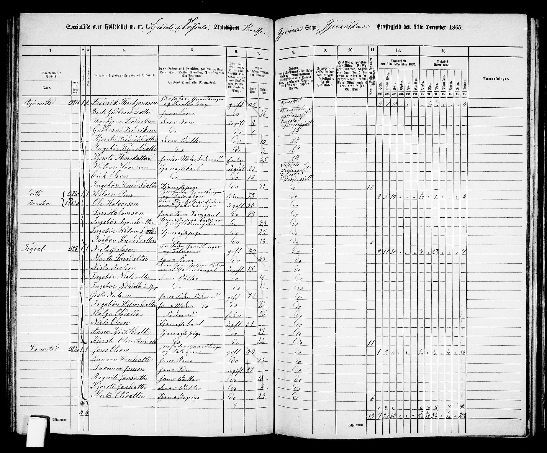 RA, 1865 census for Gjerstad, 1865, p. 102