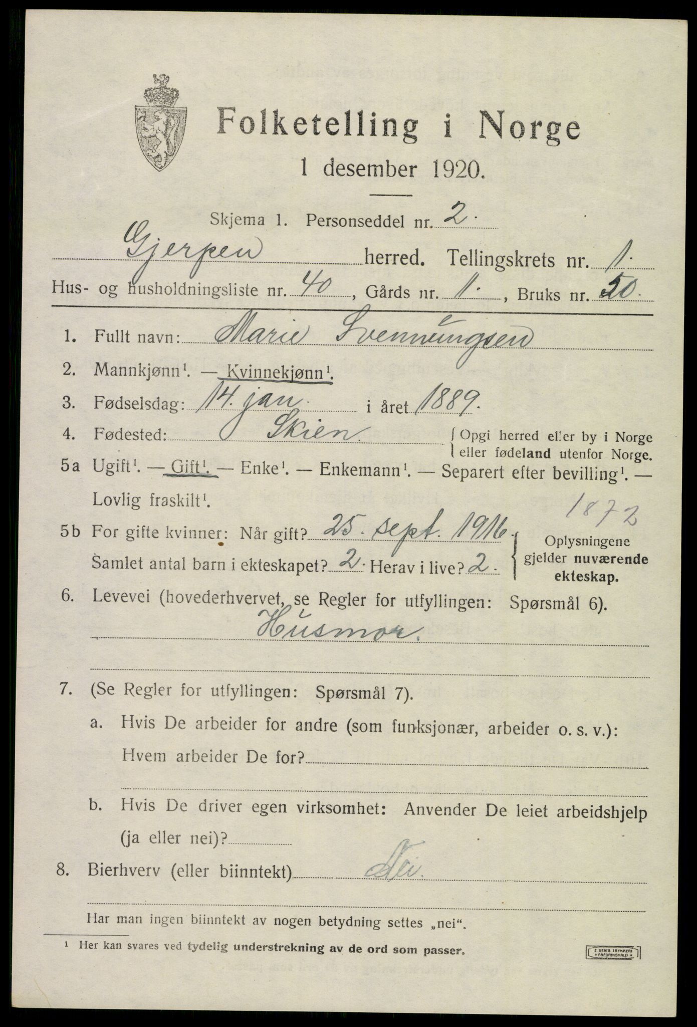SAKO, 1920 census for Gjerpen, 1920, p. 3106