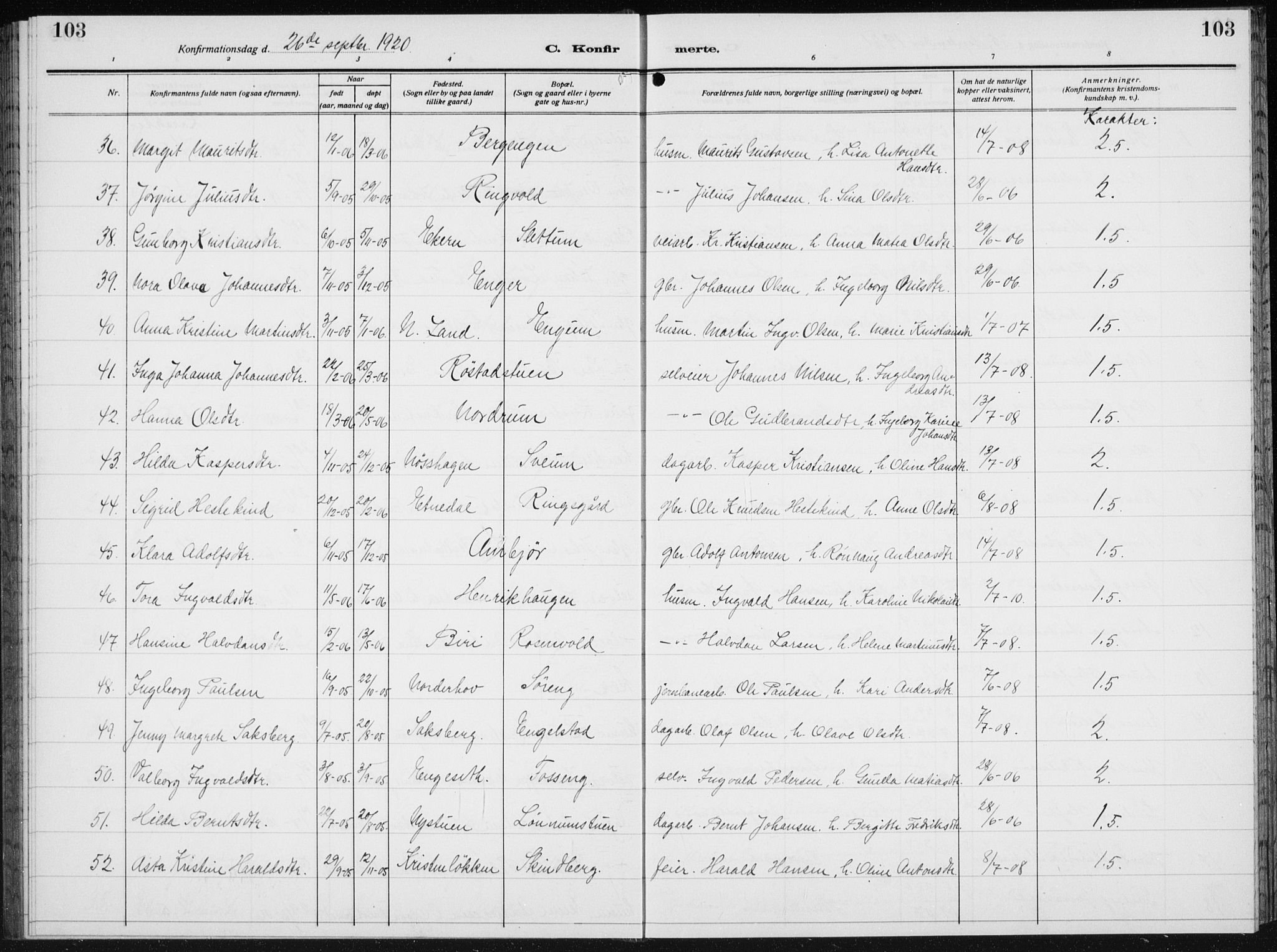 Biri prestekontor, SAH/PREST-096/H/Ha/Hab/L0007: Parish register (copy) no. 7, 1919-1941, p. 103