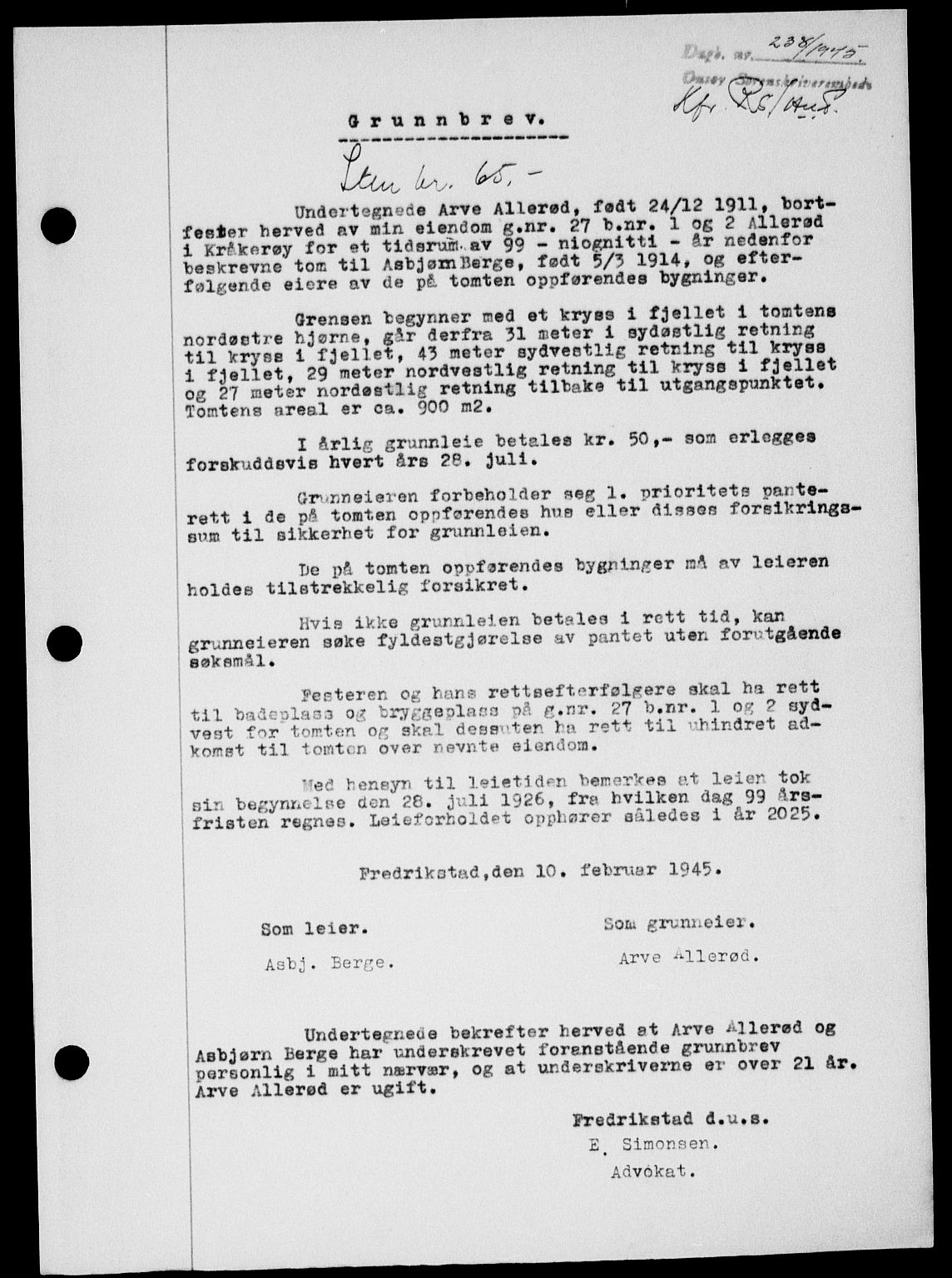 Onsøy sorenskriveri, SAO/A-10474/G/Ga/Gab/L0014: Mortgage book no. II A-14, 1944-1945, Diary no: : 238/1945