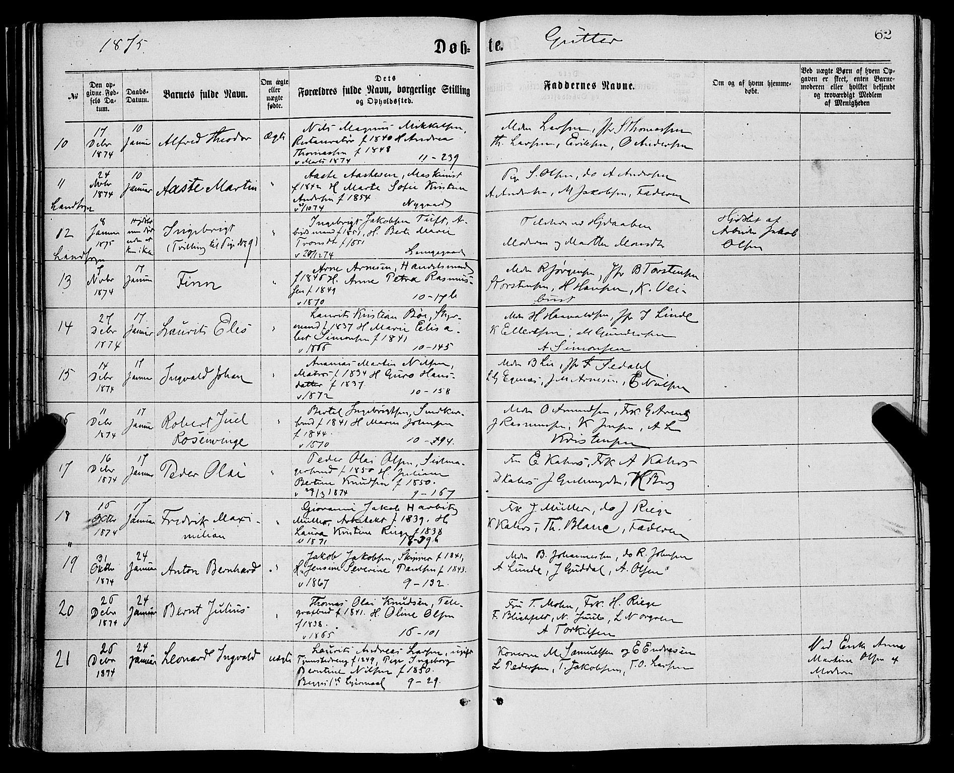 Domkirken sokneprestembete, SAB/A-74801/H/Haa/L0022: Parish register (official) no. B 5, 1872-1878, p. 62