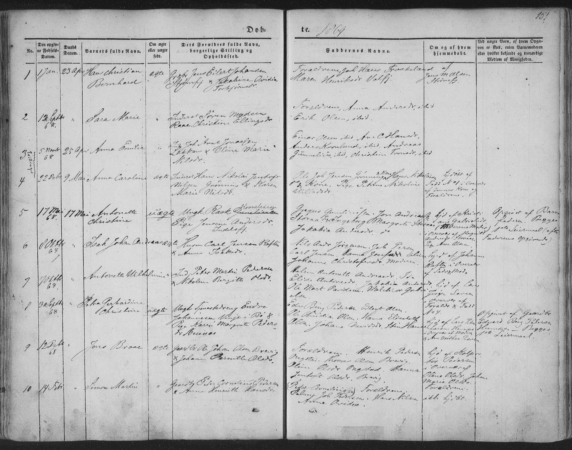 Ministerialprotokoller, klokkerbøker og fødselsregistre - Nordland, AV/SAT-A-1459/888/L1241: Parish register (official) no. 888A07, 1849-1869, p. 151