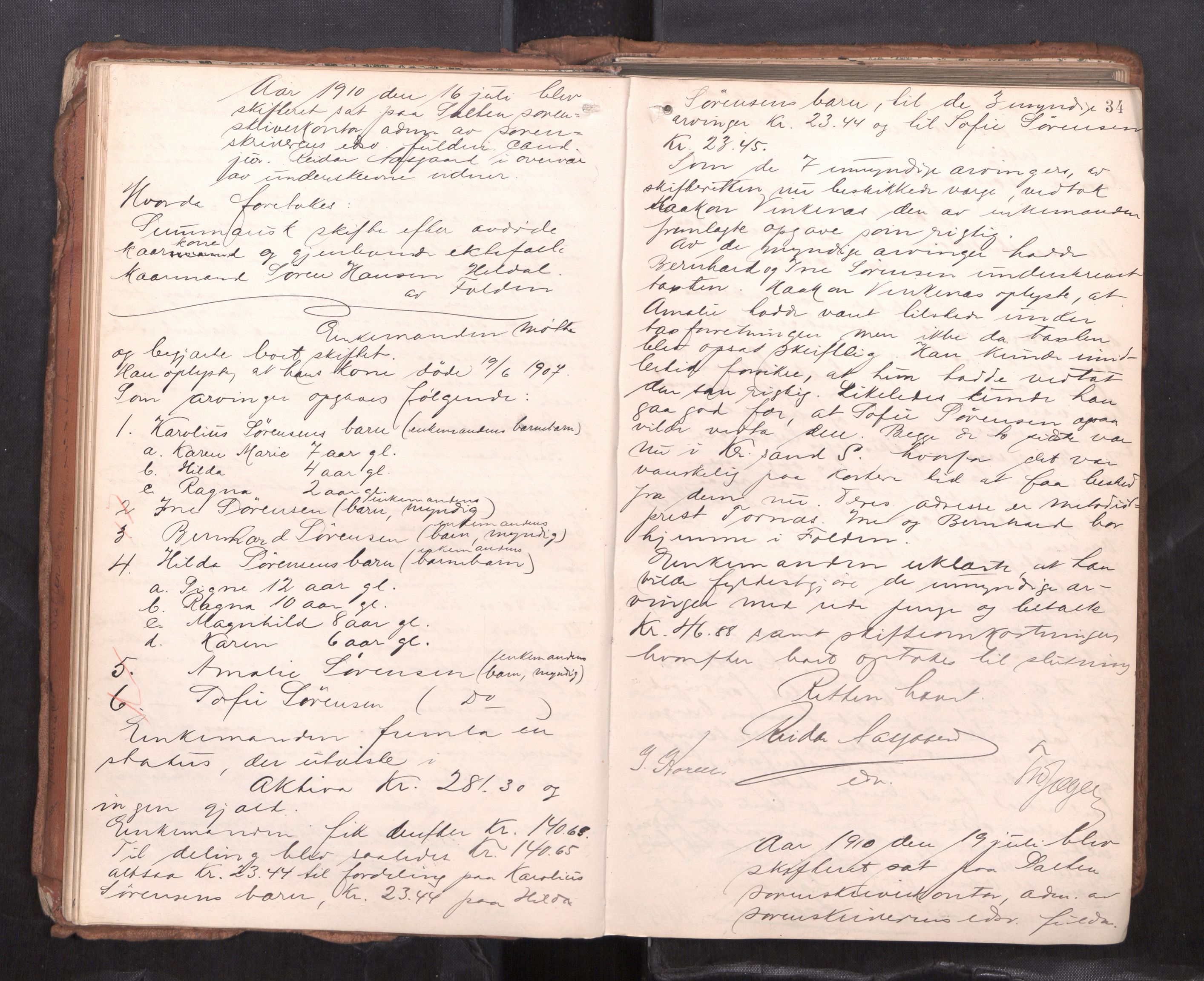 Salten sorenskriveri, AV/SAT-A-4578/1/3/3B/L0012: Skiftebehandlingsprotokoll, 1910-1915, p. 34