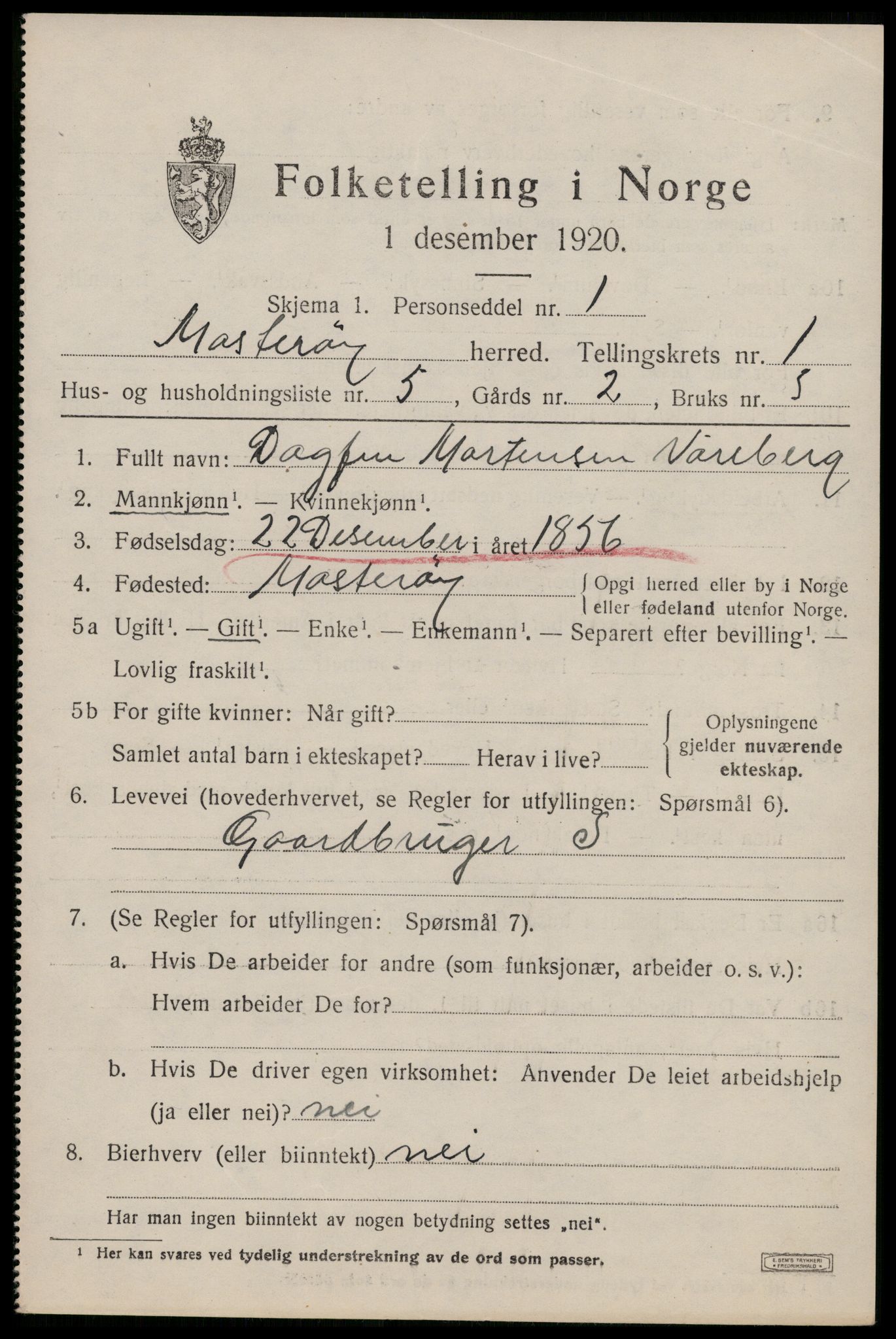 SAST, 1920 census for Mosterøy, 1920, p. 580