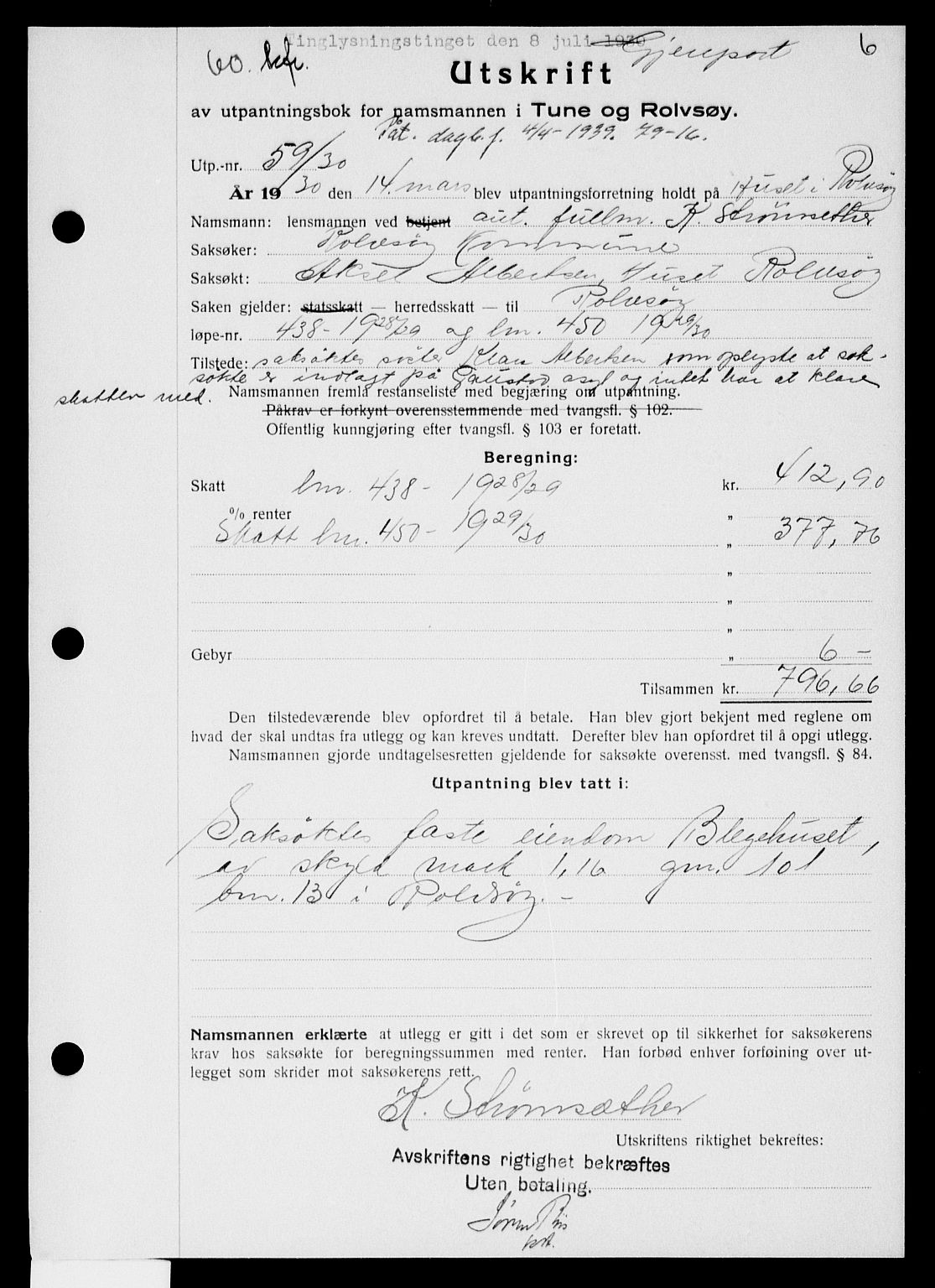 Onsøy sorenskriveri, SAO/A-10474/G/Ga/Gaa/L0064: Mortgage book no. I 64, 1930-1930, p. 6