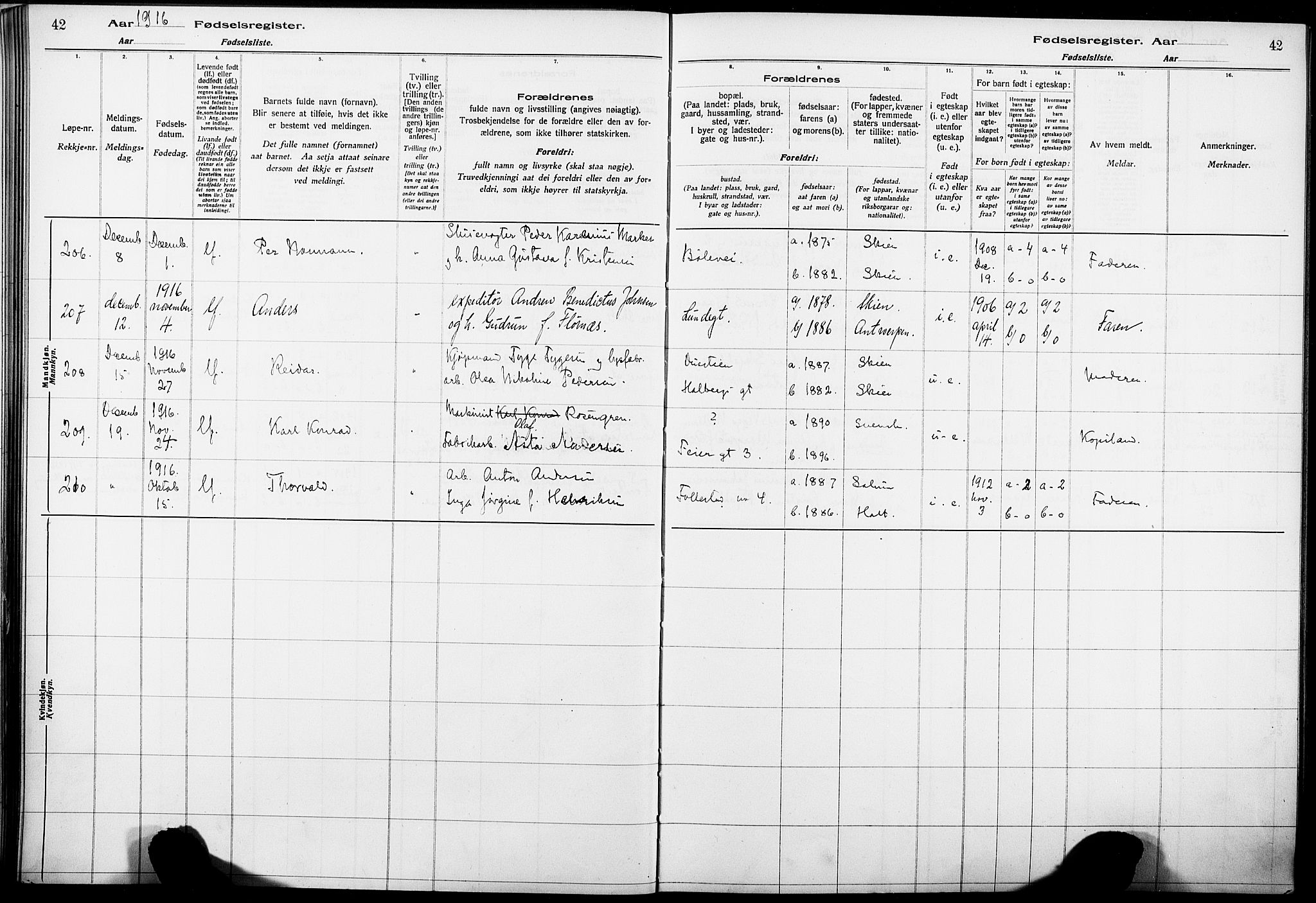 Skien kirkebøker, AV/SAKO-A-302/J/Ja/L0001: Birth register no. 1, 1916-1920, p. 42