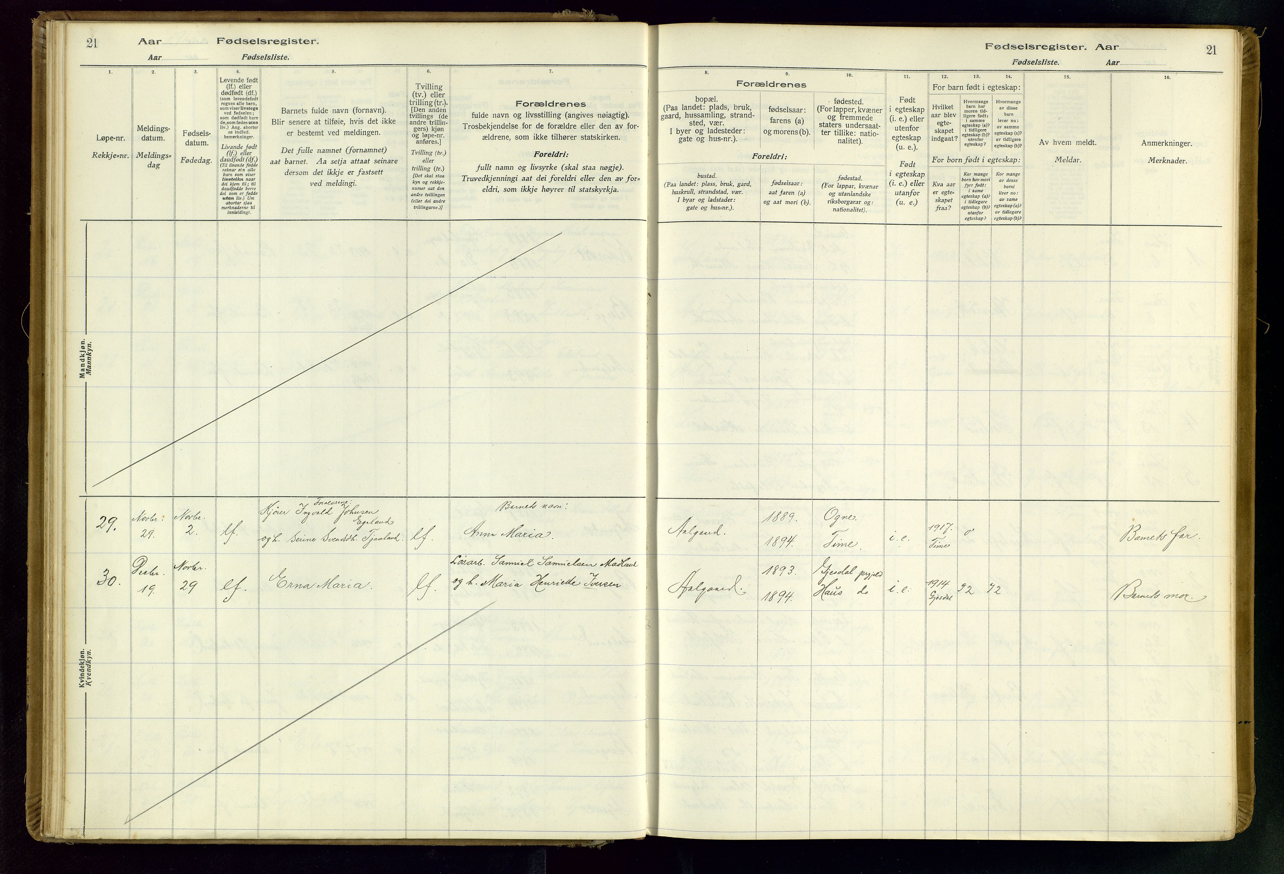 Gjesdal sokneprestkontor, SAST/A-101796/002/O/L0001: Birth register no. 1, 1916-1949, p. 21