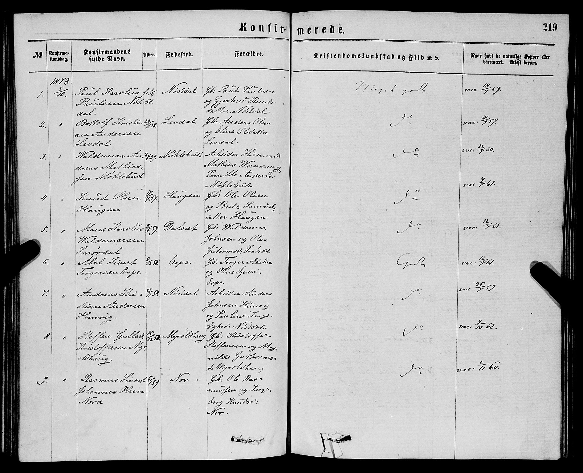 Eid sokneprestembete, SAB/A-82301/H/Haa/Haaa/L0010: Parish register (official) no. A 10, 1867-1878, p. 219