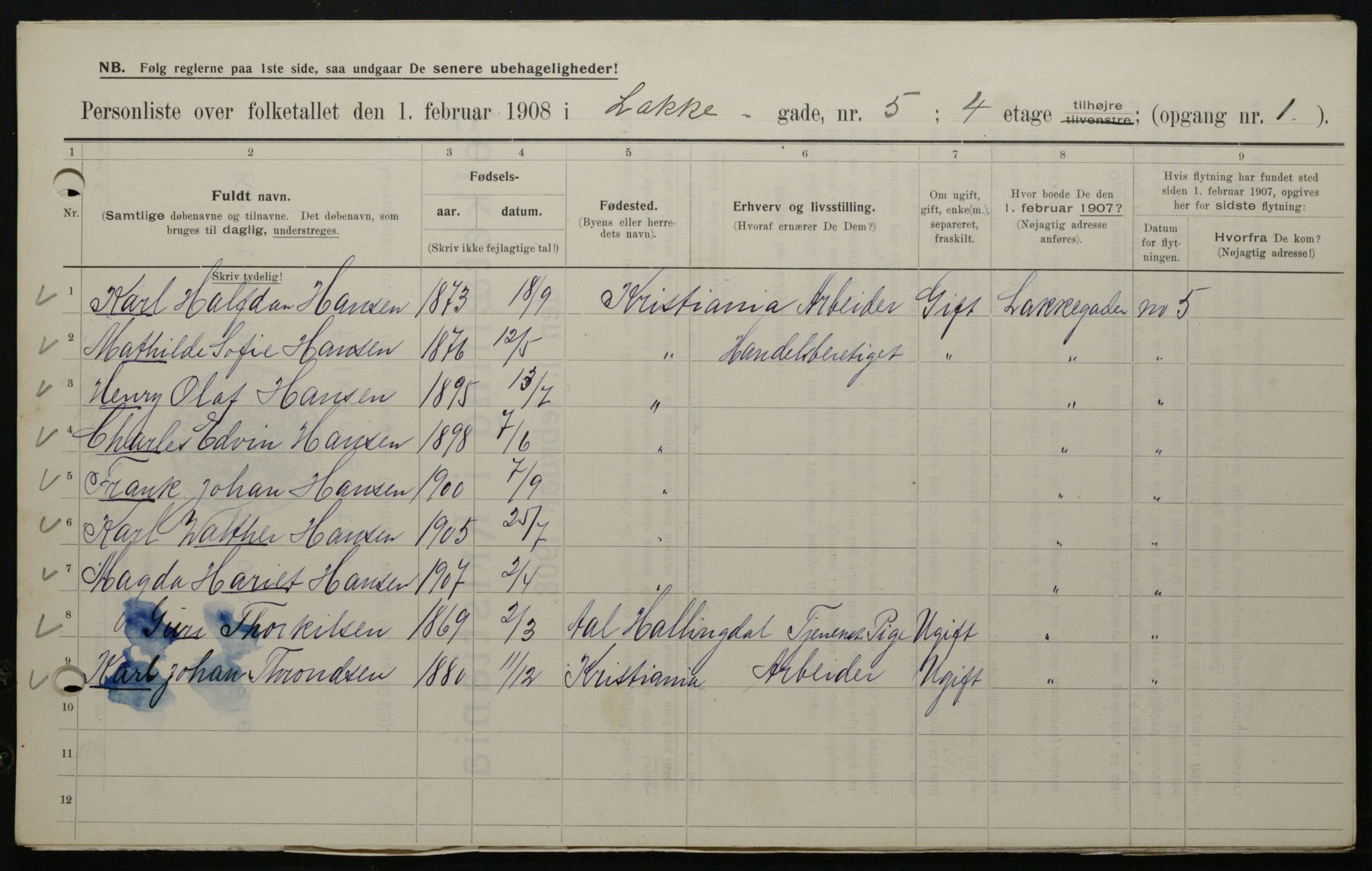 OBA, Municipal Census 1908 for Kristiania, 1908, p. 49594