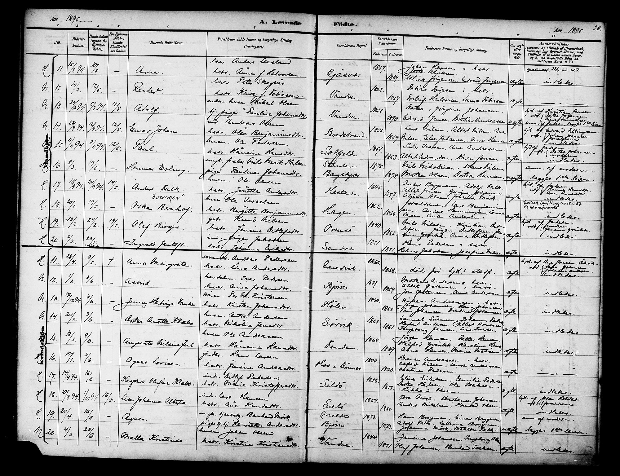 Ministerialprotokoller, klokkerbøker og fødselsregistre - Nordland, SAT/A-1459/834/L0508: Parish register (official) no. 834A06, 1892-1901, p. 20