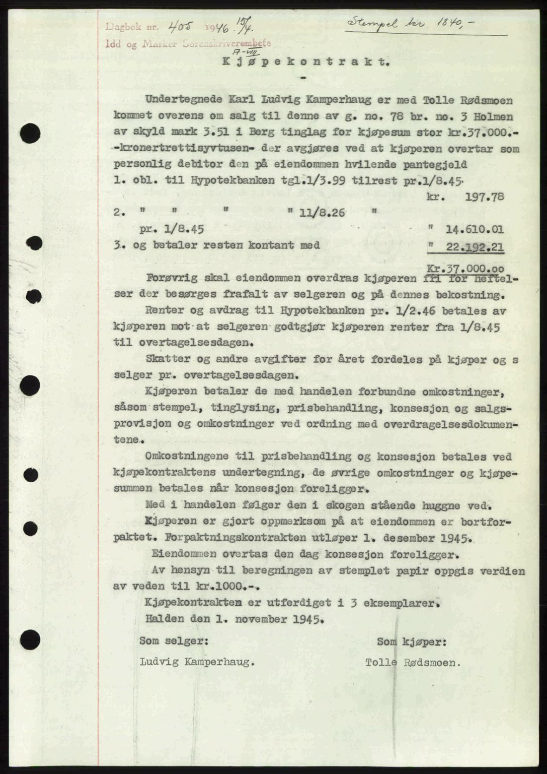 Idd og Marker sorenskriveri, AV/SAO-A-10283/G/Gb/Gbb/L0008: Mortgage book no. A8, 1946-1946, Diary no: : 405/1946