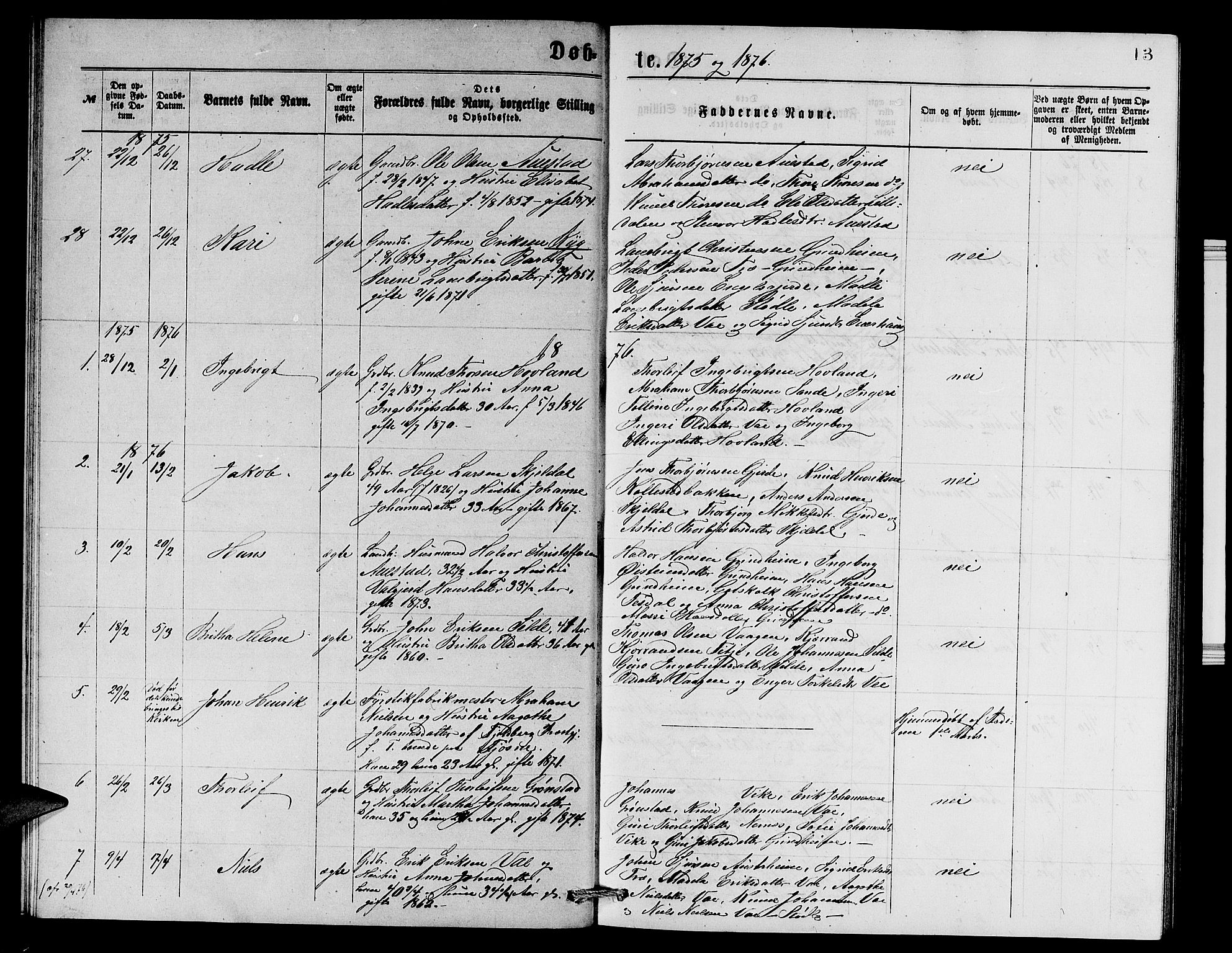 Etne sokneprestembete, SAB/A-75001/H/Hab: Parish register (copy) no. A 4, 1874-1878, p. 13
