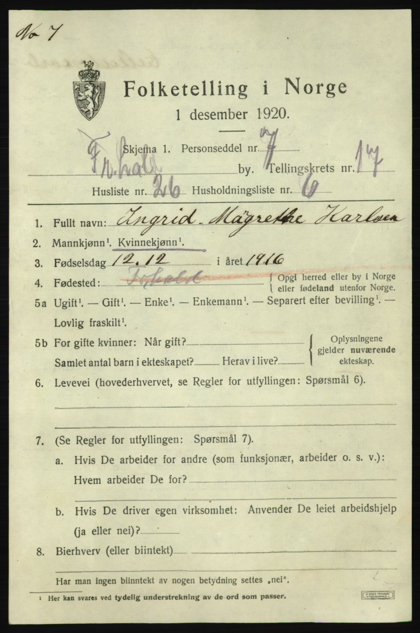 SAO, 1920 census for Fredrikshald, 1920, p. 26526