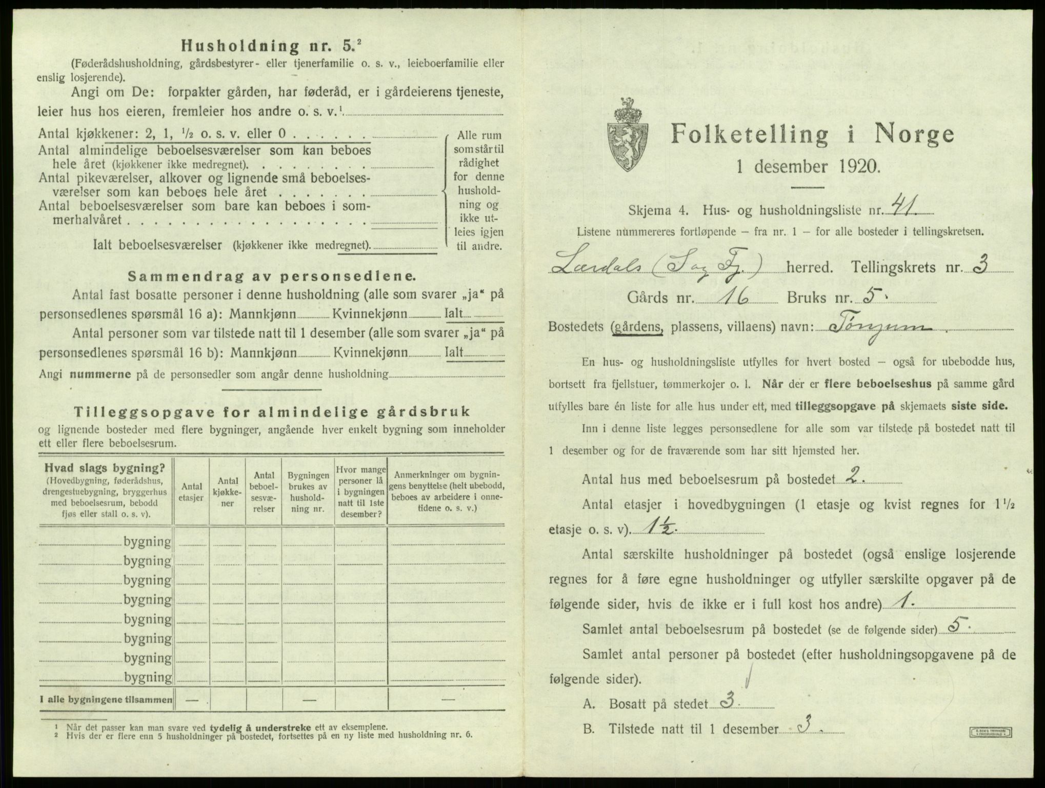 SAB, 1920 census for Lærdal, 1920, p. 297