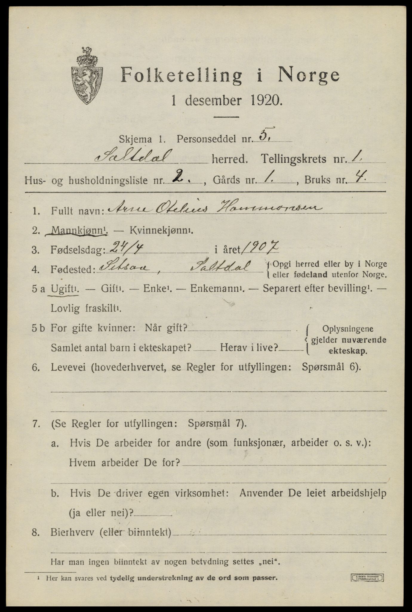 SAT, 1920 census for Saltdal, 1920, p. 1251