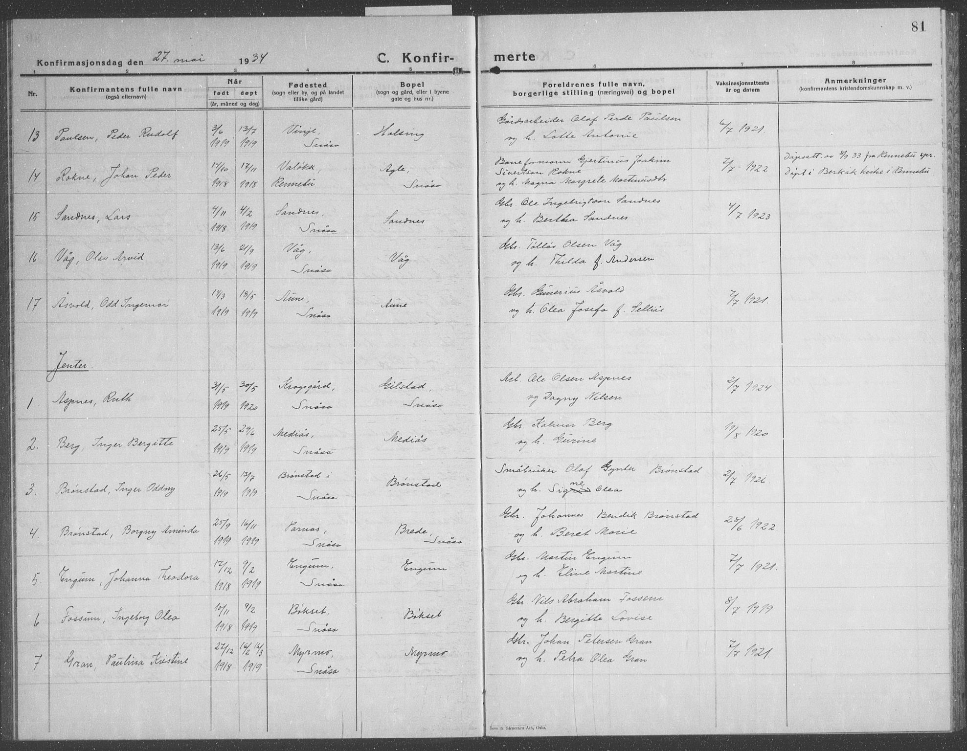 Ministerialprotokoller, klokkerbøker og fødselsregistre - Nord-Trøndelag, SAT/A-1458/749/L0481: Parish register (copy) no. 749C03, 1933-1945, p. 81