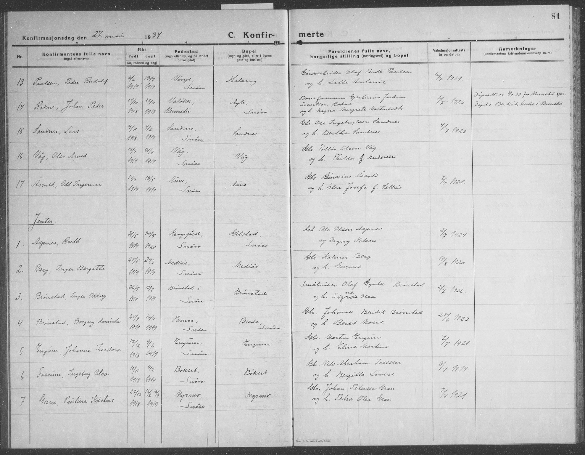 Ministerialprotokoller, klokkerbøker og fødselsregistre - Nord-Trøndelag, AV/SAT-A-1458/749/L0481: Parish register (copy) no. 749C03, 1933-1945, p. 81