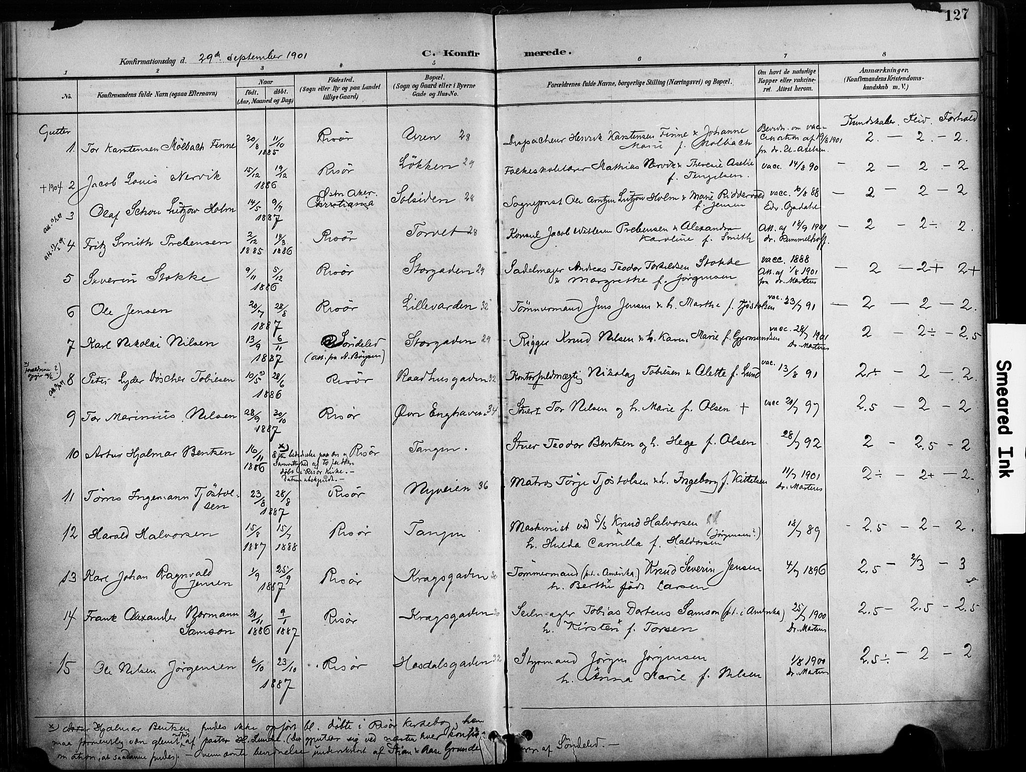 Risør sokneprestkontor, SAK/1111-0035/F/Fa/L0010: Parish register (official) no. A 10, 1896-1906, p. 127