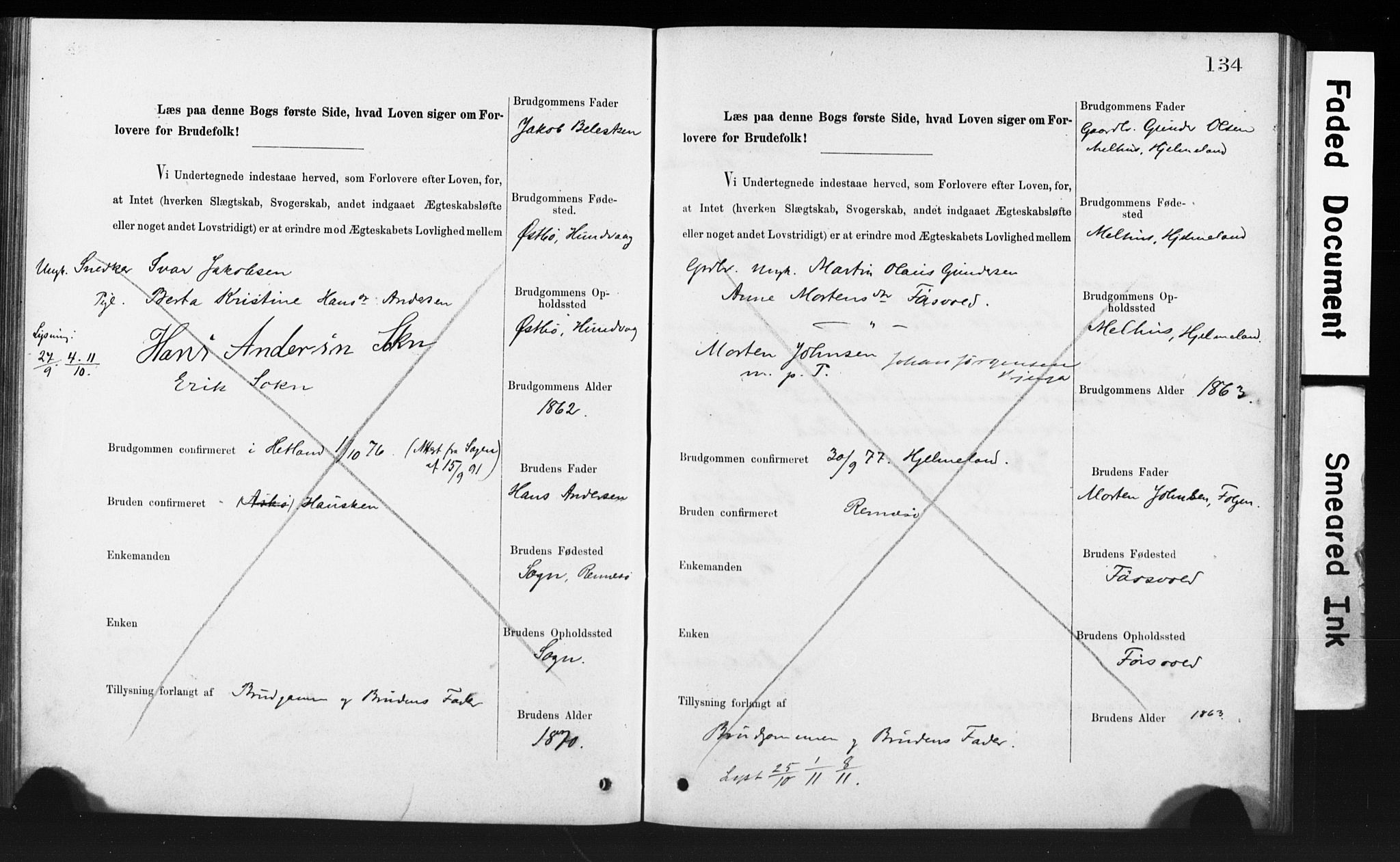 Rennesøy sokneprestkontor, SAST/A -101827/I/Ie/L0001: Banns register no. 1, 1873-1898, p. 134