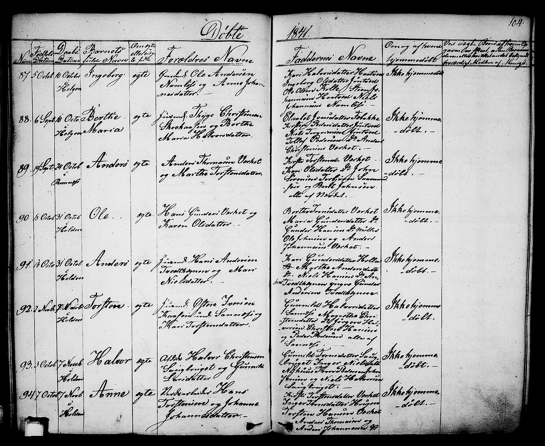 Holla kirkebøker, SAKO/A-272/F/Fa/L0004: Parish register (official) no. 4, 1830-1848, p. 104