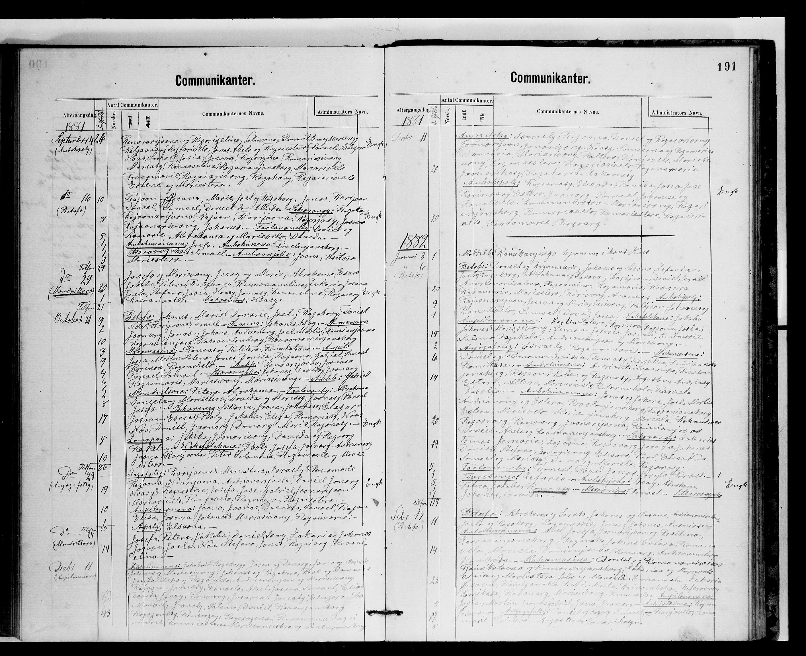 Archives FLM/NMS, Madagaskar, VID/MA-A-1163/D/Db/L0269: Parish register (official) no. 1, 1867-1884, p. 191