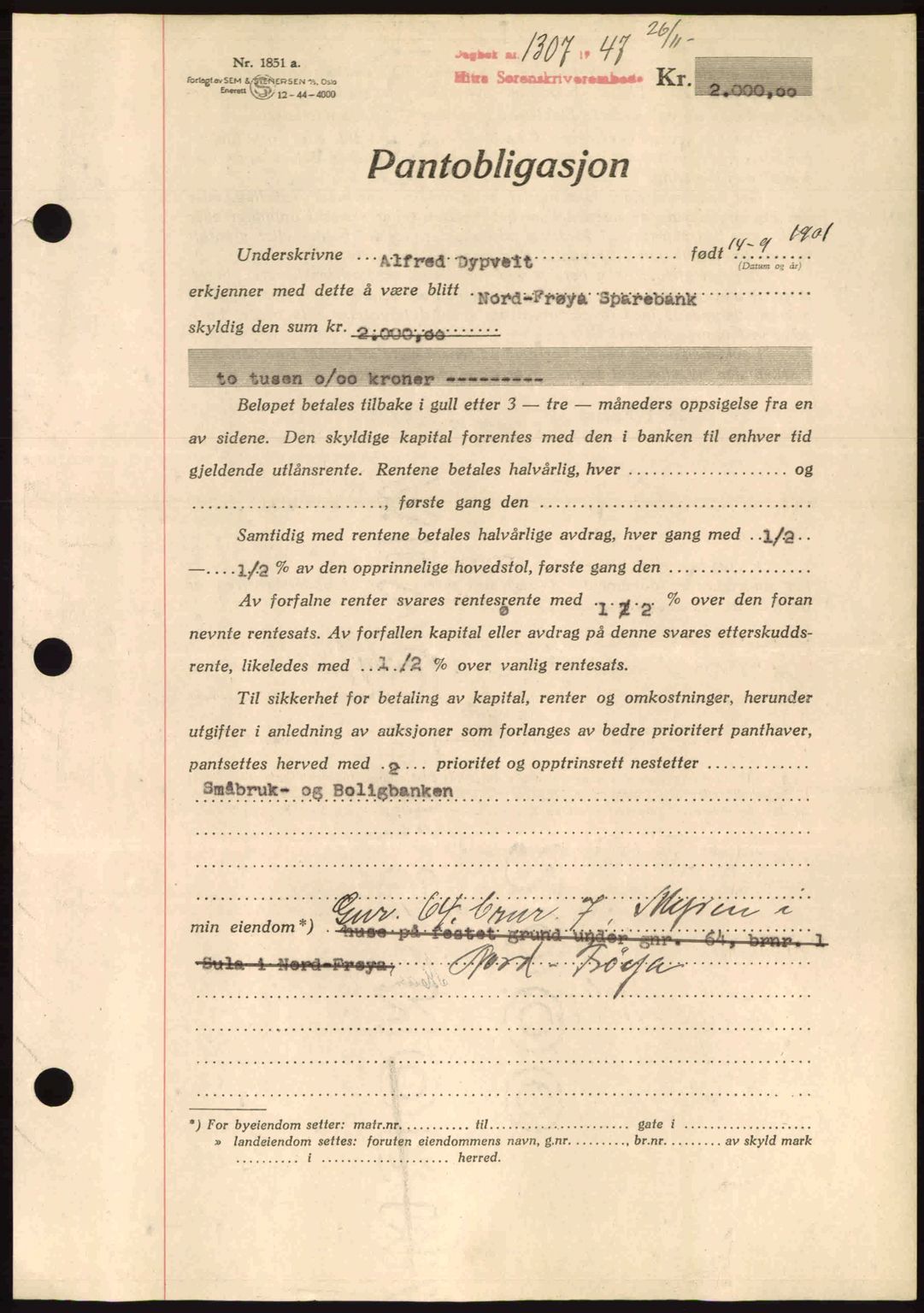 Hitra sorenskriveri, AV/SAT-A-0018/2/2C/2Ca: Mortgage book no. B1, 1939-1949, Diary no: : 1307/1947