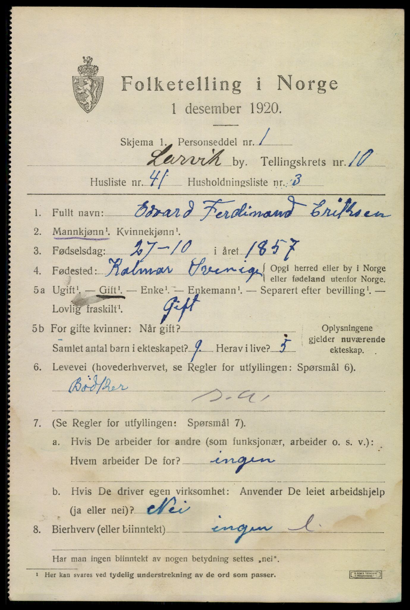 SAKO, 1920 census for Larvik, 1920, p. 27330