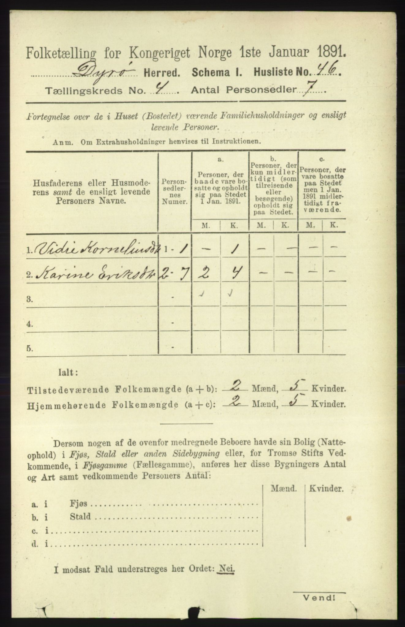 RA, 1891 census for 1926 Dyrøy, 1891, p. 1496