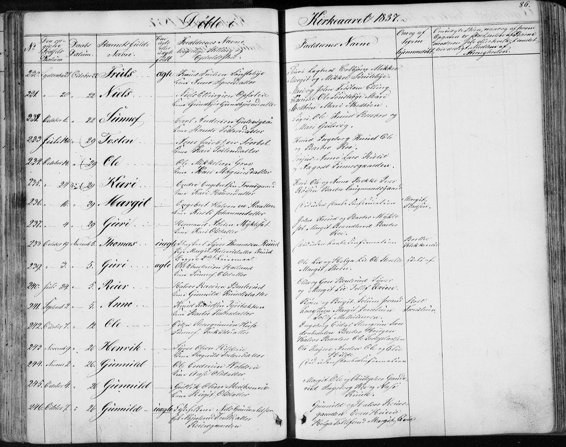 Nes kirkebøker, SAKO/A-236/F/Fa/L0009: Parish register (official) no. 9, 1834-1863, p. 86