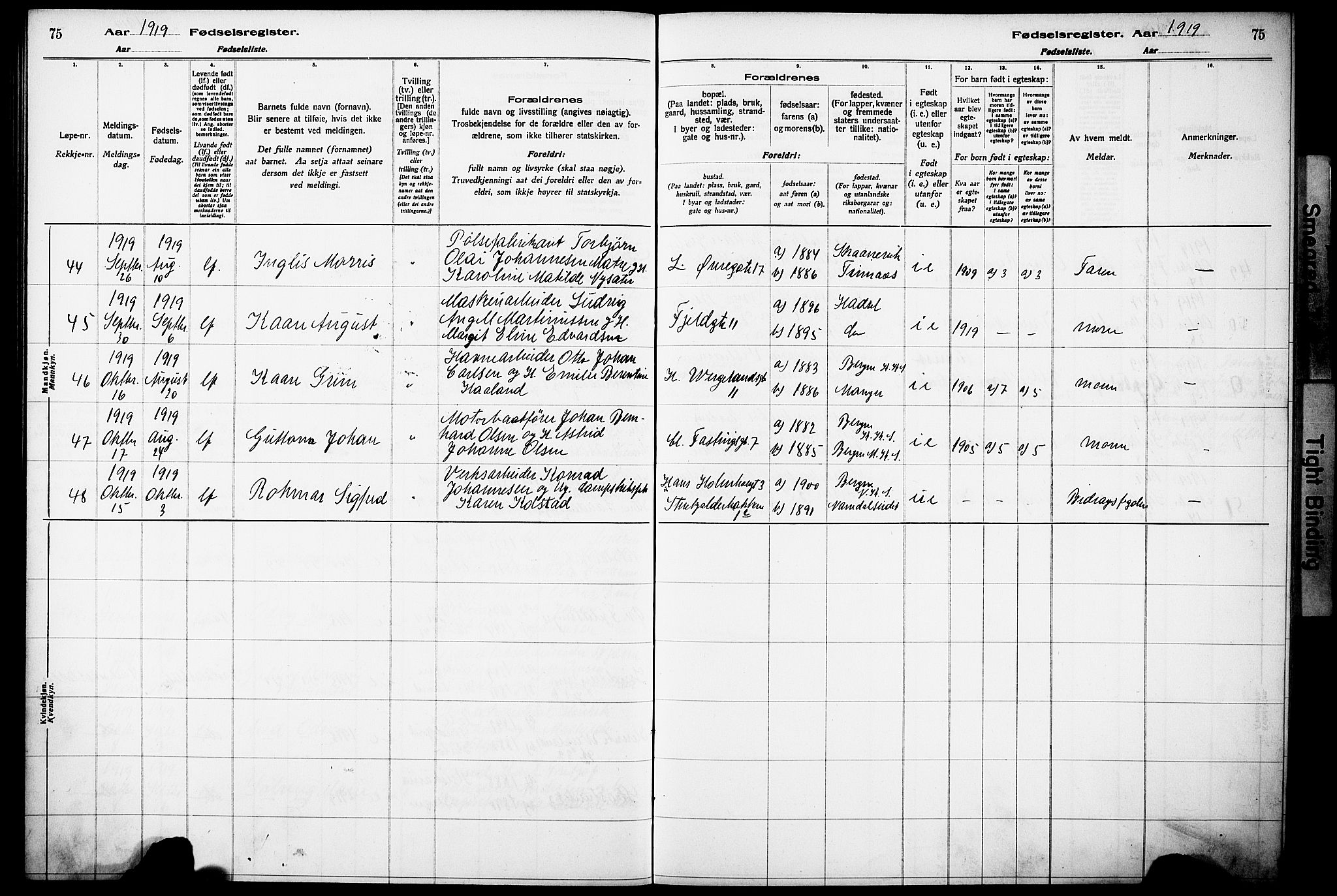 Korskirken sokneprestembete, SAB/A-76101/I/Id/L00A1: Birth register no. A 1, 1916-1929, p. 75