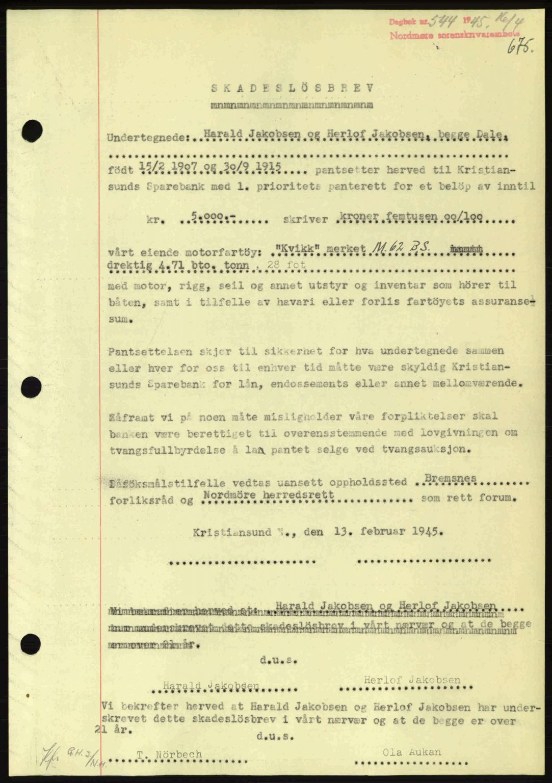 Nordmøre sorenskriveri, AV/SAT-A-4132/1/2/2Ca: Mortgage book no. B92, 1944-1945, Diary no: : 544/1945