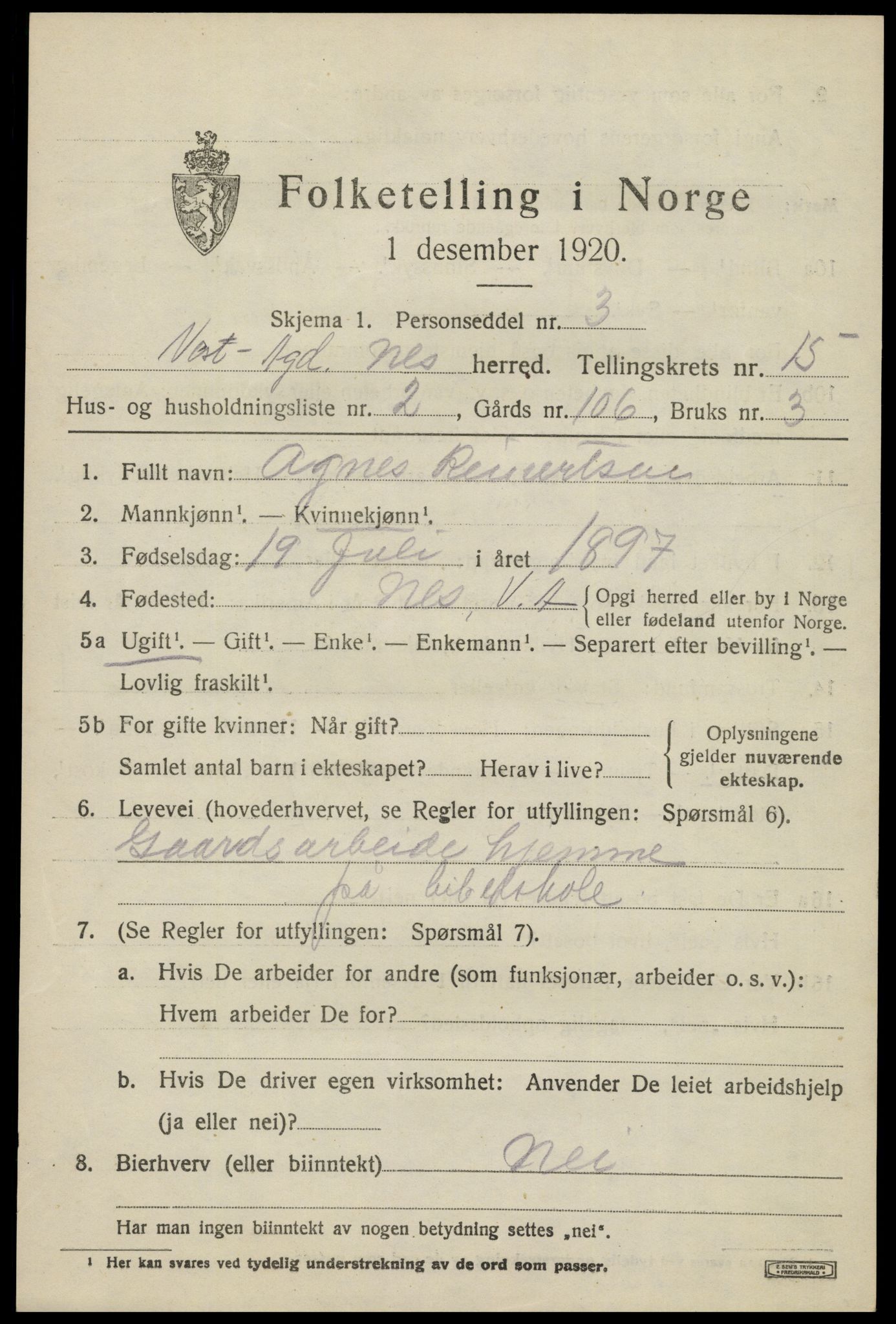 SAK, 1920 census for Nes (V-A), 1920, p. 5606