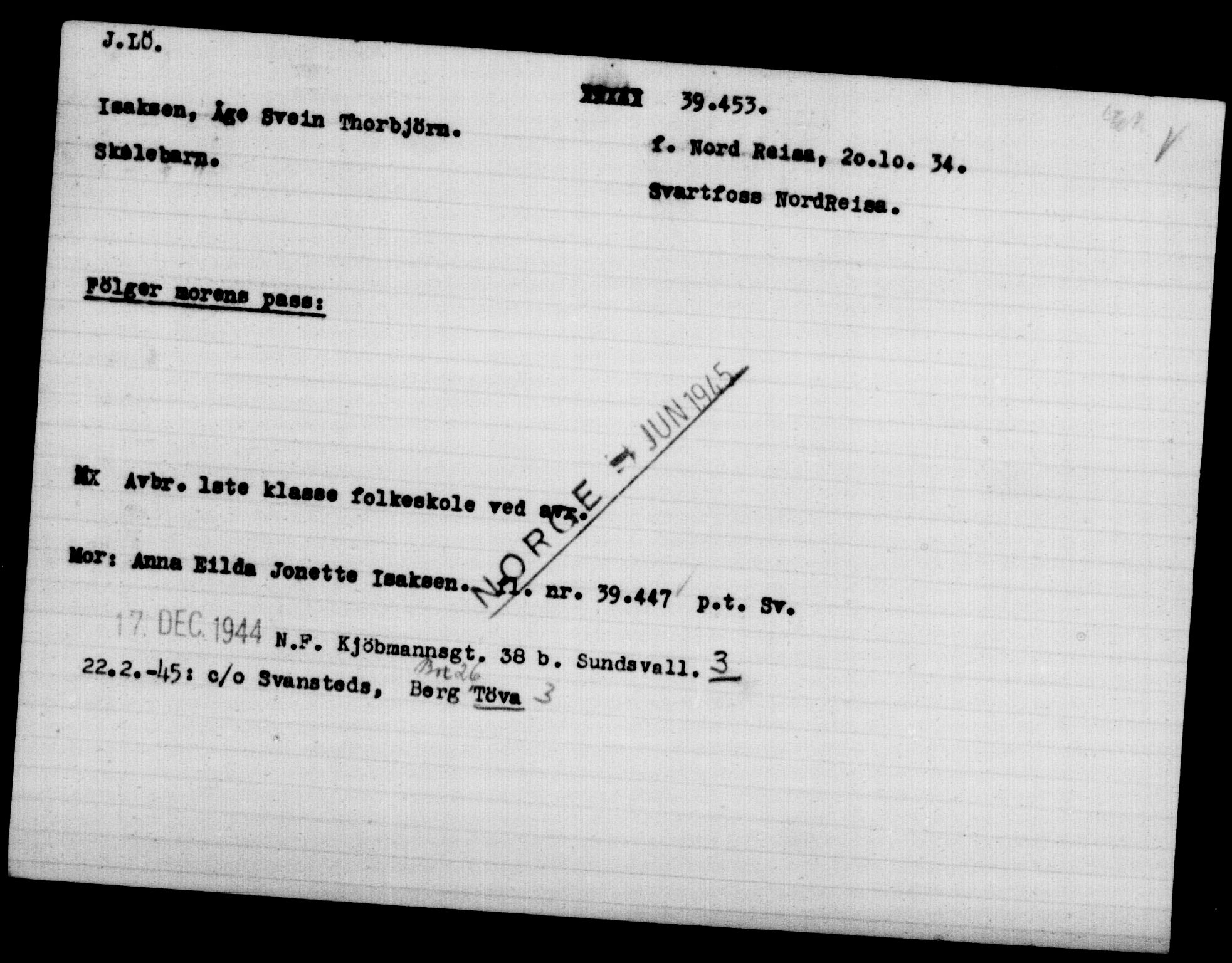 Utenriksstasjonene, Legasjonen i Stockholm, Flyktningkontoret, AV/RA-S-6753/V/Va/L0015: Kjesäterkartoteket, flyktninger med registreringsnr. 37800-40770, 1940-1945, p. 1702