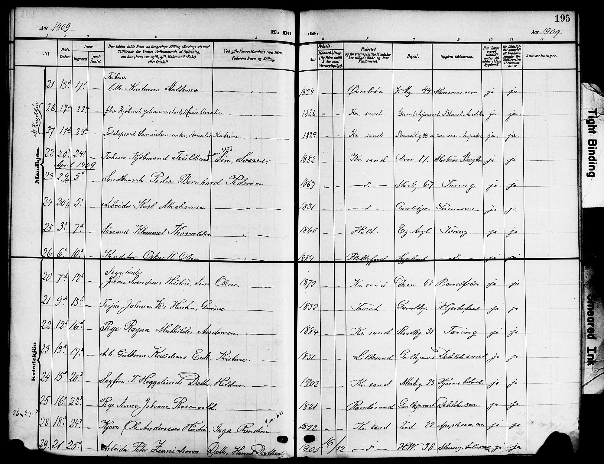 Kristiansand domprosti, SAK/1112-0006/F/Fb/L0020: Parish register (copy) no. B 20, 1906-1915, p. 195