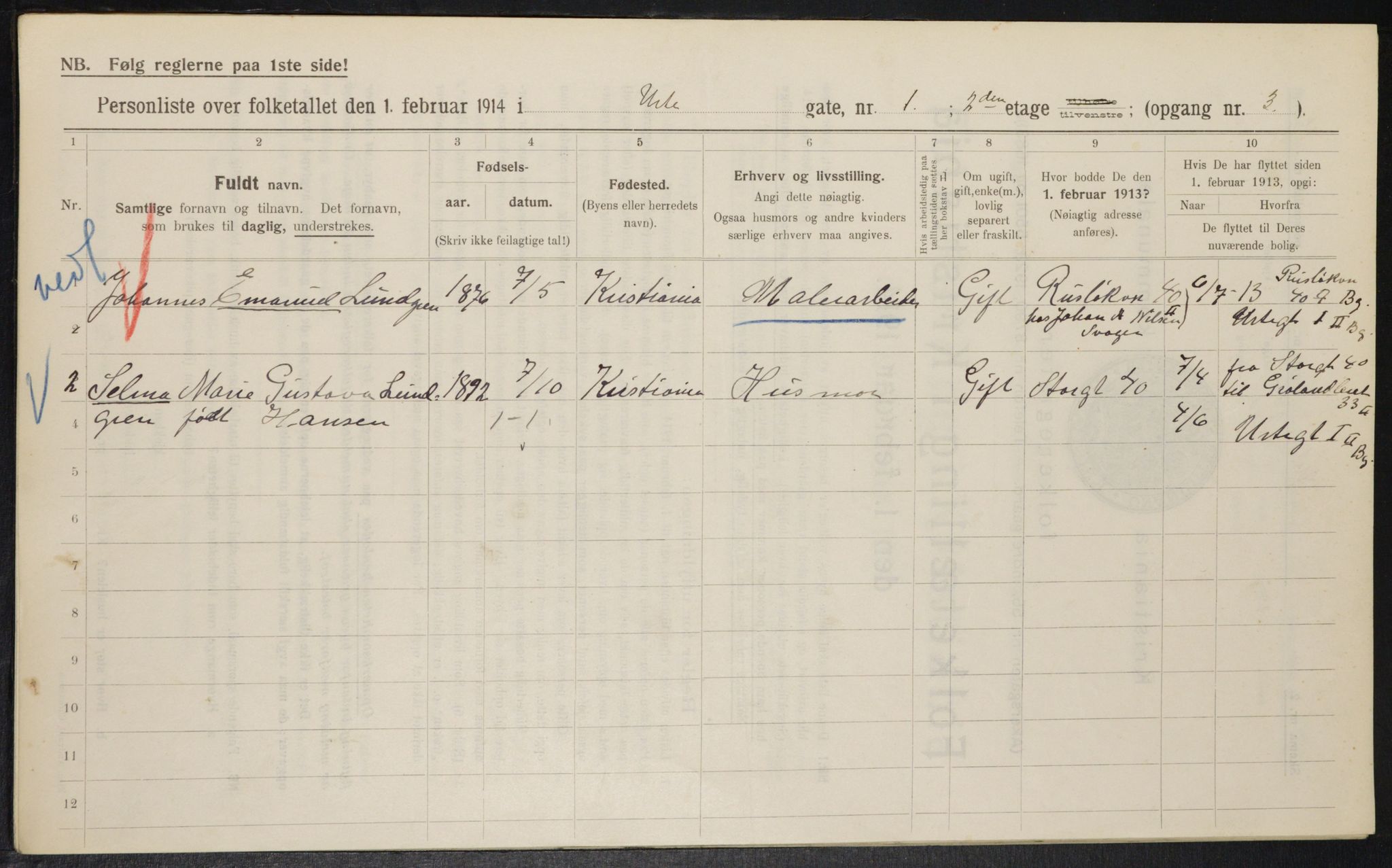 OBA, Municipal Census 1914 for Kristiania, 1914, p. 121569