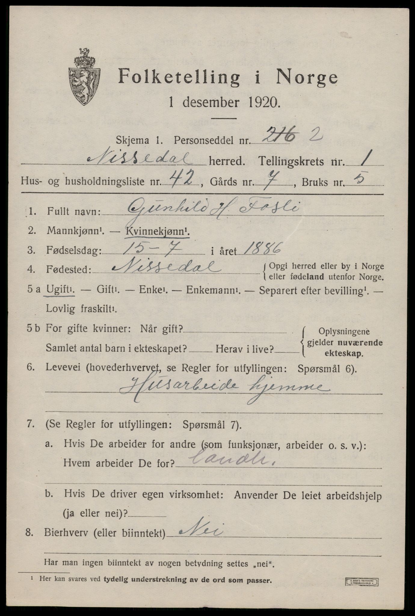SAKO, 1920 census for Nissedal, 1920, p. 1265