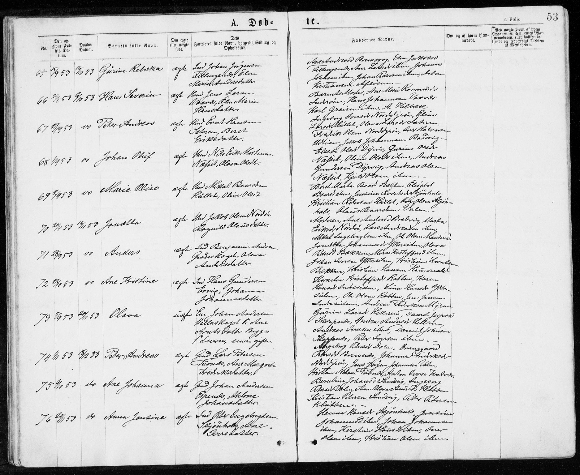 Ministerialprotokoller, klokkerbøker og fødselsregistre - Sør-Trøndelag, AV/SAT-A-1456/640/L0576: Parish register (official) no. 640A01, 1846-1876, p. 53