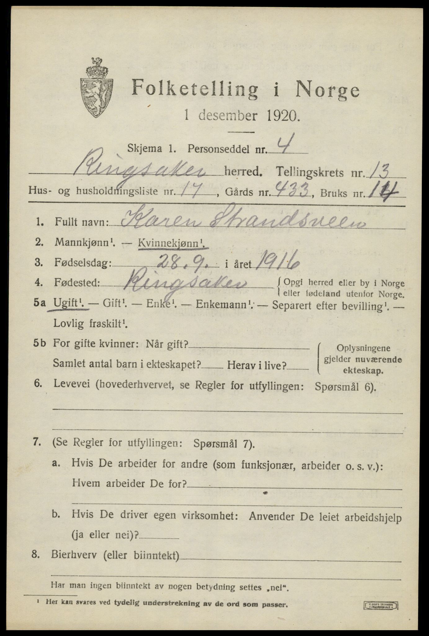 SAH, 1920 census for Ringsaker, 1920, p. 20858