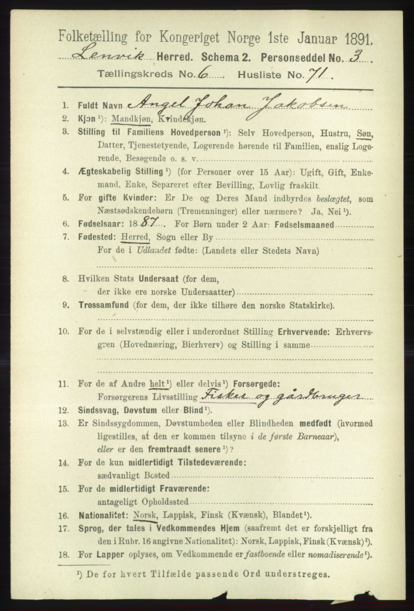 RA, 1891 census for 1931 Lenvik, 1891, p. 3694