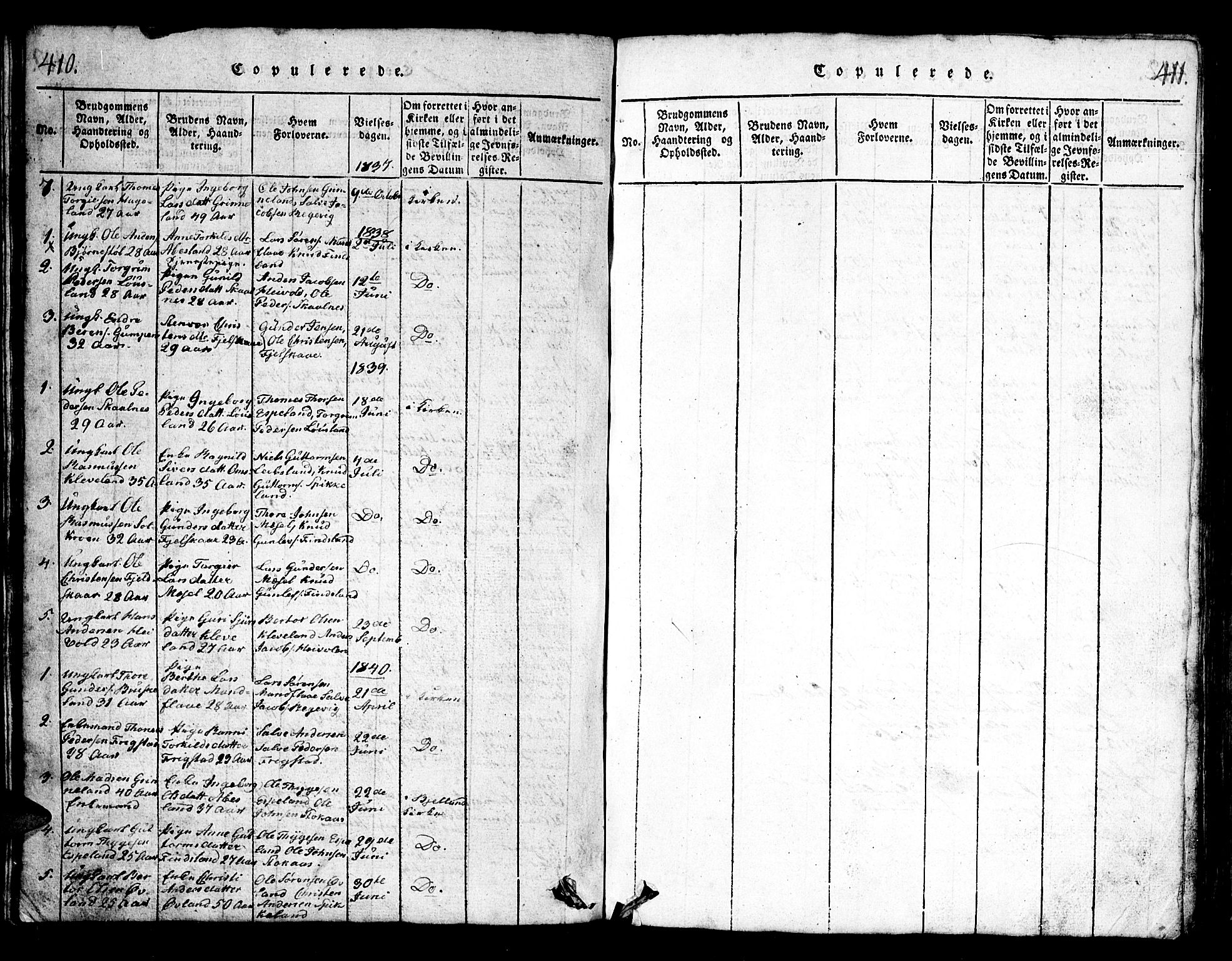 Bjelland sokneprestkontor, SAK/1111-0005/F/Fb/Fbb/L0003: Parish register (copy) no. B 3, 1816-1868, p. 410-411