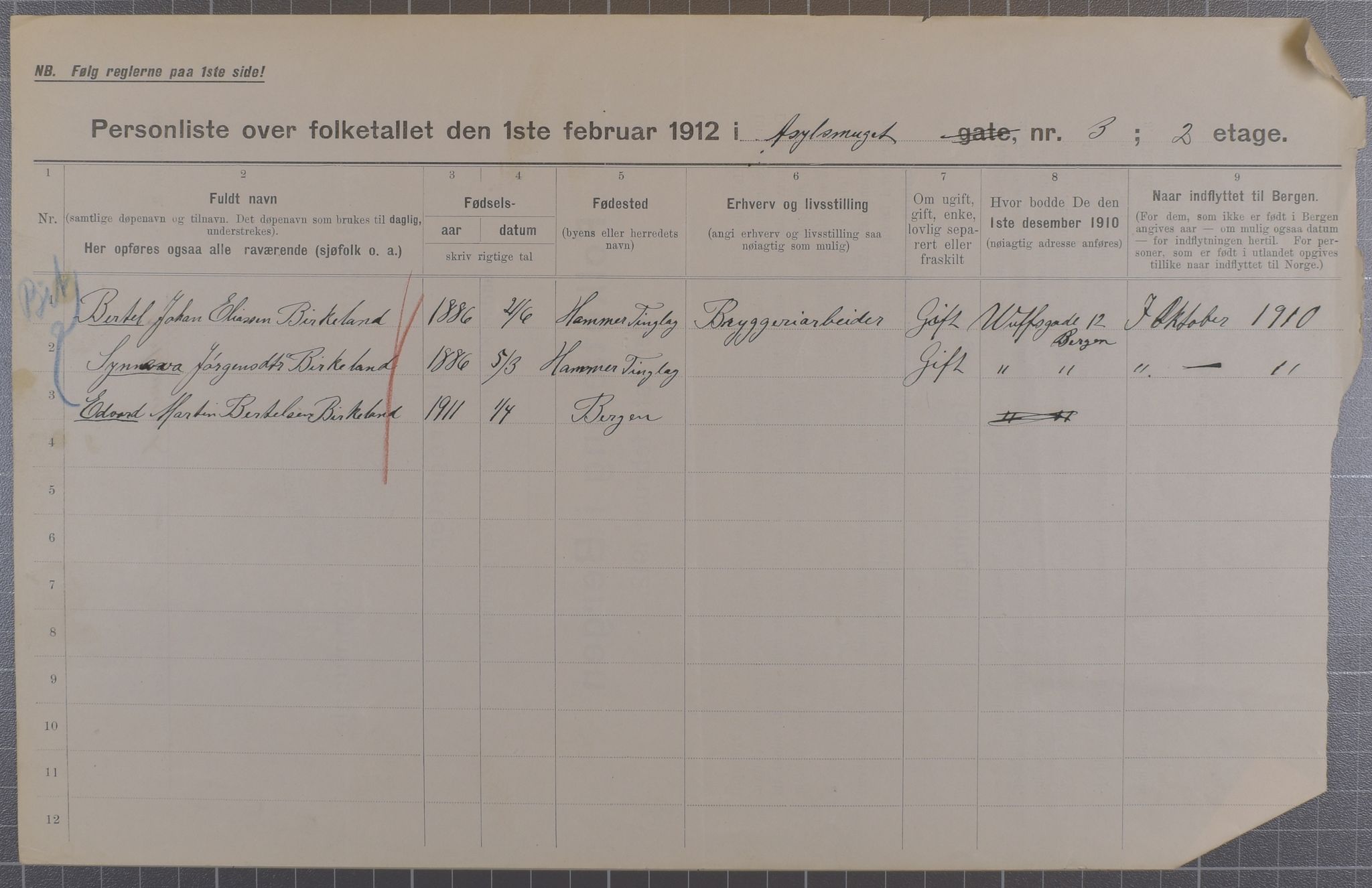 SAB, Municipal Census 1912 for Bergen, 1912, p. 1718